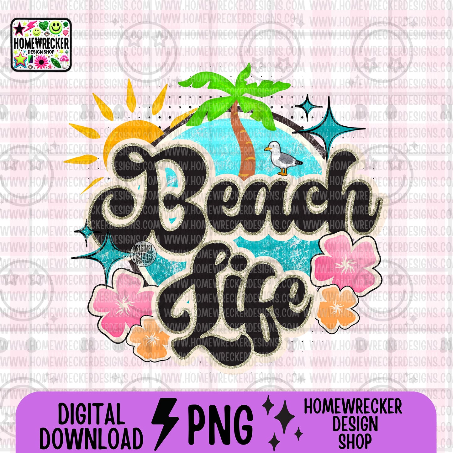 Beach life, summer beach colorful distressed retro groovy font, Png design, summer, blue water, palm tree, sunshine, flowers, digital design