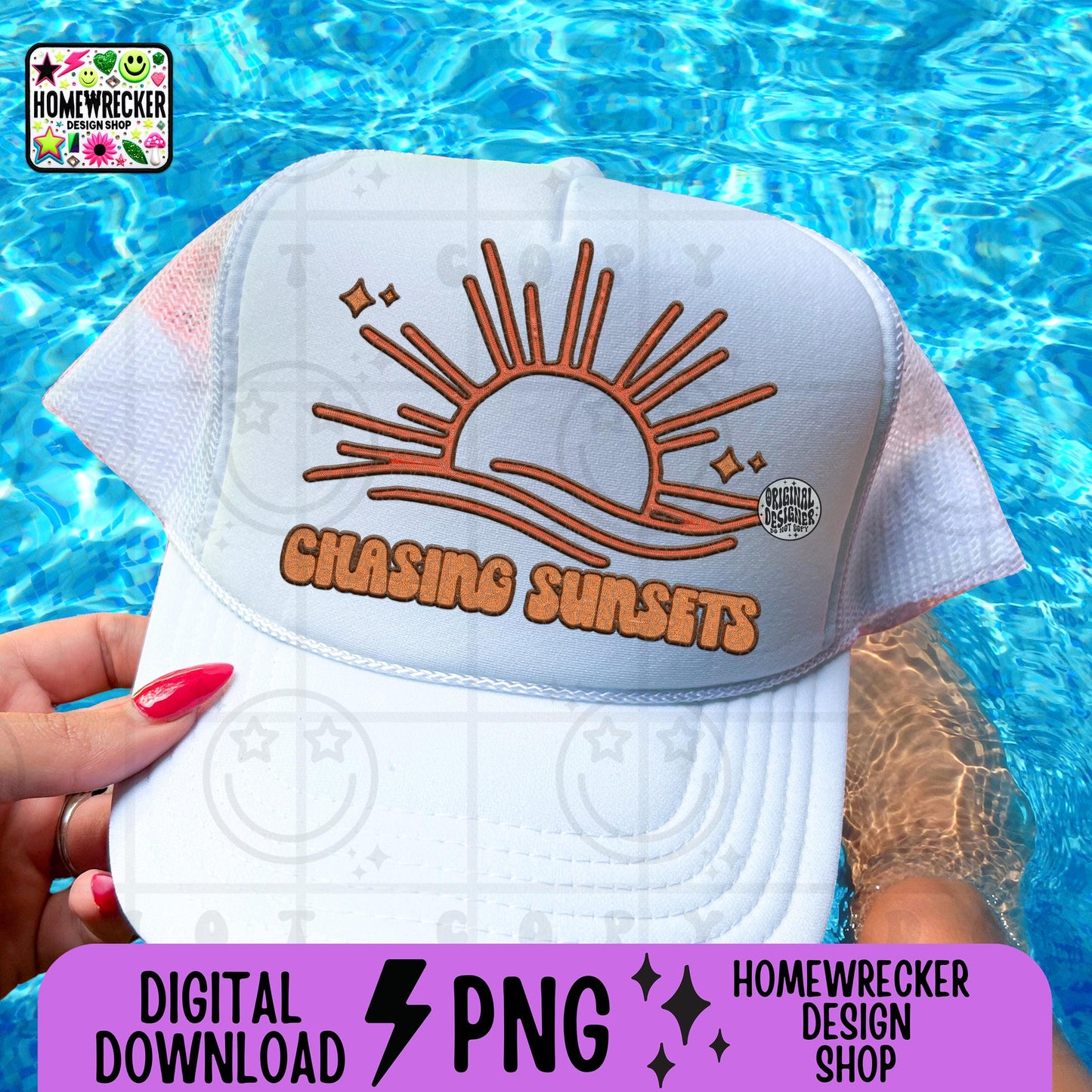 Chasing sunset faux embroidery, sunset, sun, beach, summer, groovy font, PNG digital download