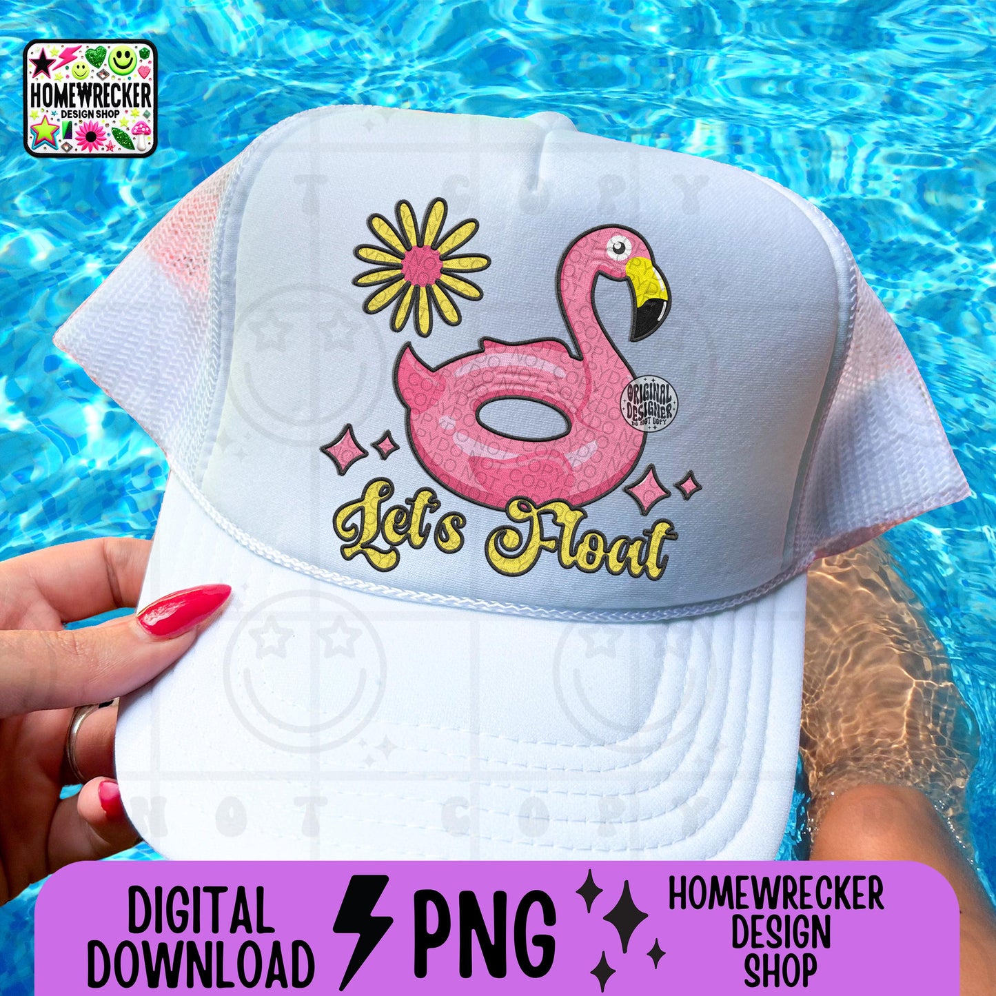 Let's Float Flamingo inflatable raft FAUX EMBROIDERY png, Summer flowers pink hat design tshirt, summer, groovy font, PNG digital download