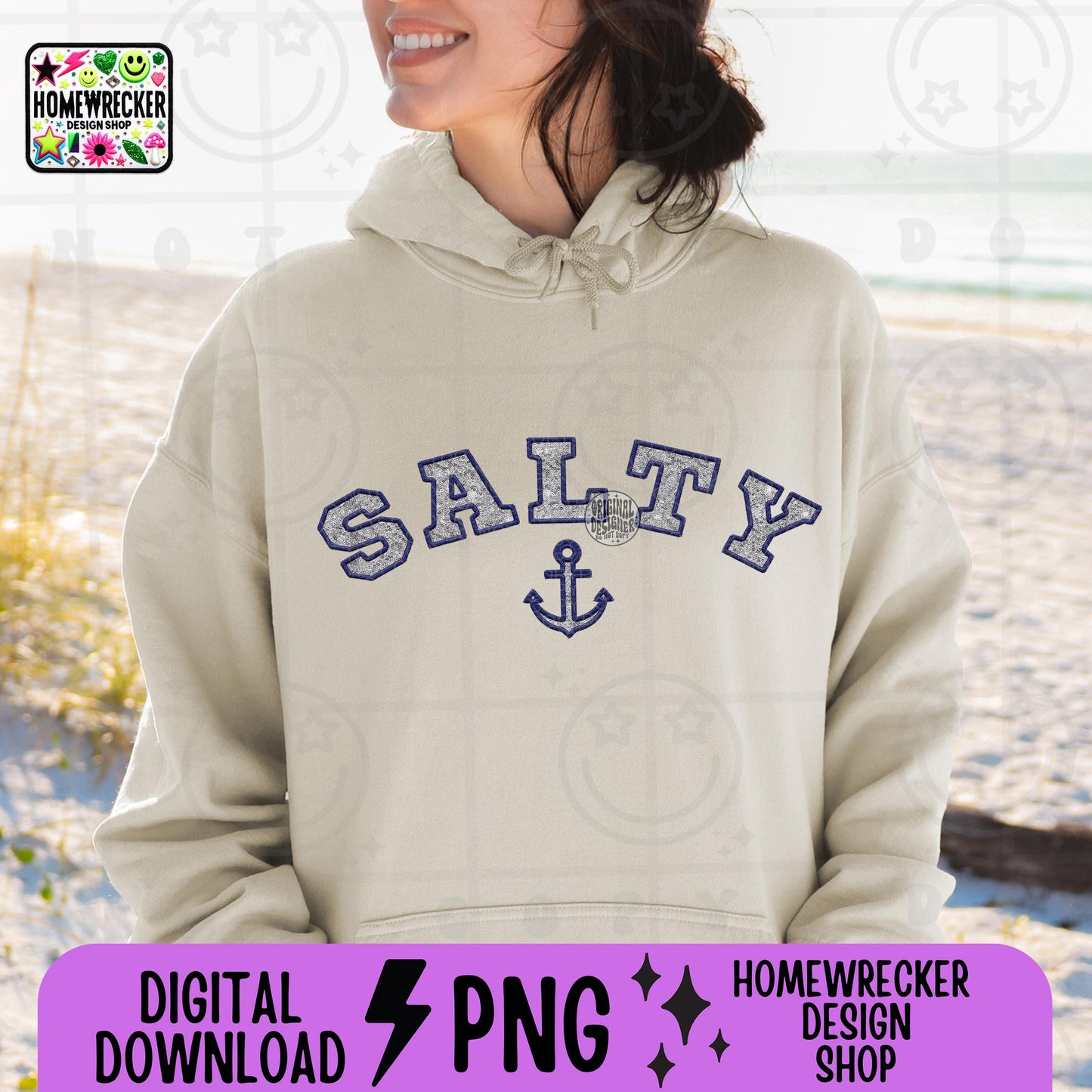Salty FAUX EMBROIDERY png, Summer hat design tshirt, summer anchor beach ocean lake summertime varsity, preppy,trendy, PNG digital download