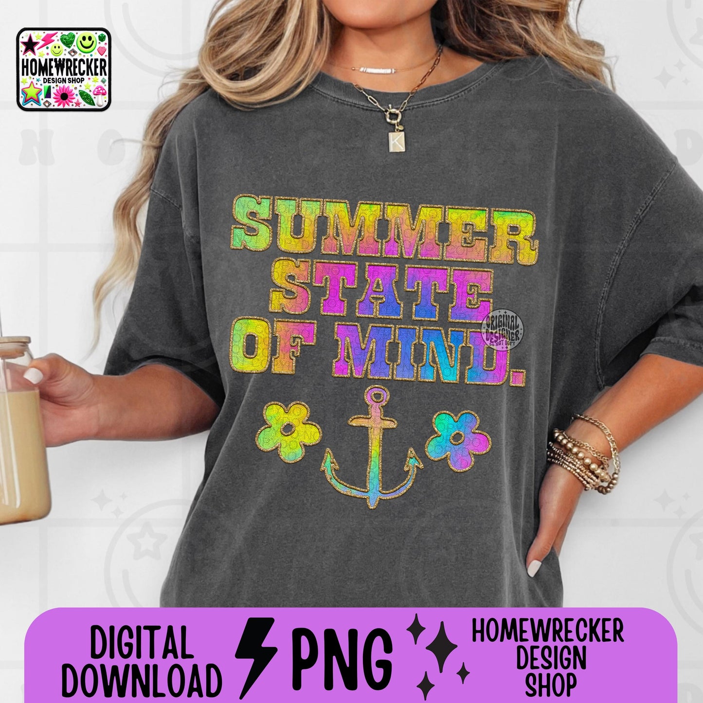 Summer state of mind FAUX EMBROIDERY png, Summer hat design tshirt, summer, sunshine, lake, beach, river, tie dye font, PNG digital download