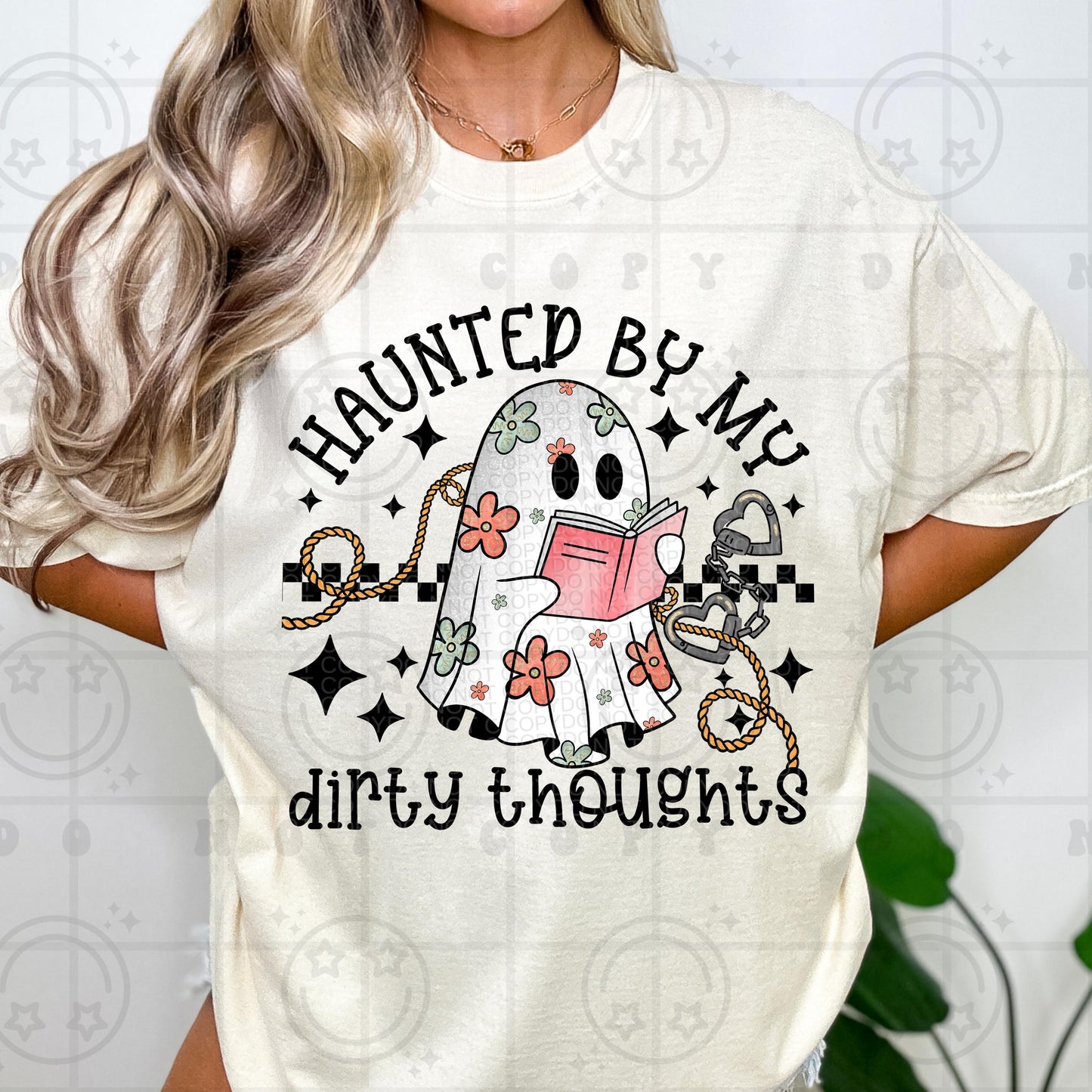 Haunted by my dirty thoughts, spring daisy florals, neutral colors, water color, Ghost, booktok, reading, transparent png, digital download