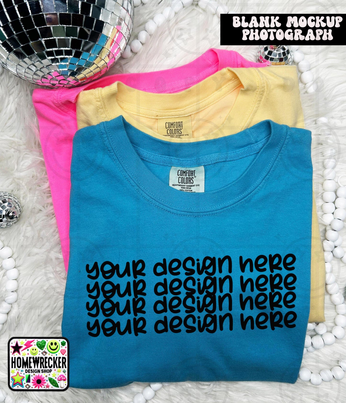 Comfort Colors blank Tshirt Mock Up Photo, Sapphire, CC1717 Tshirt, Styled Flat Lay, Product Photos, diso balls, retro, Digital Download