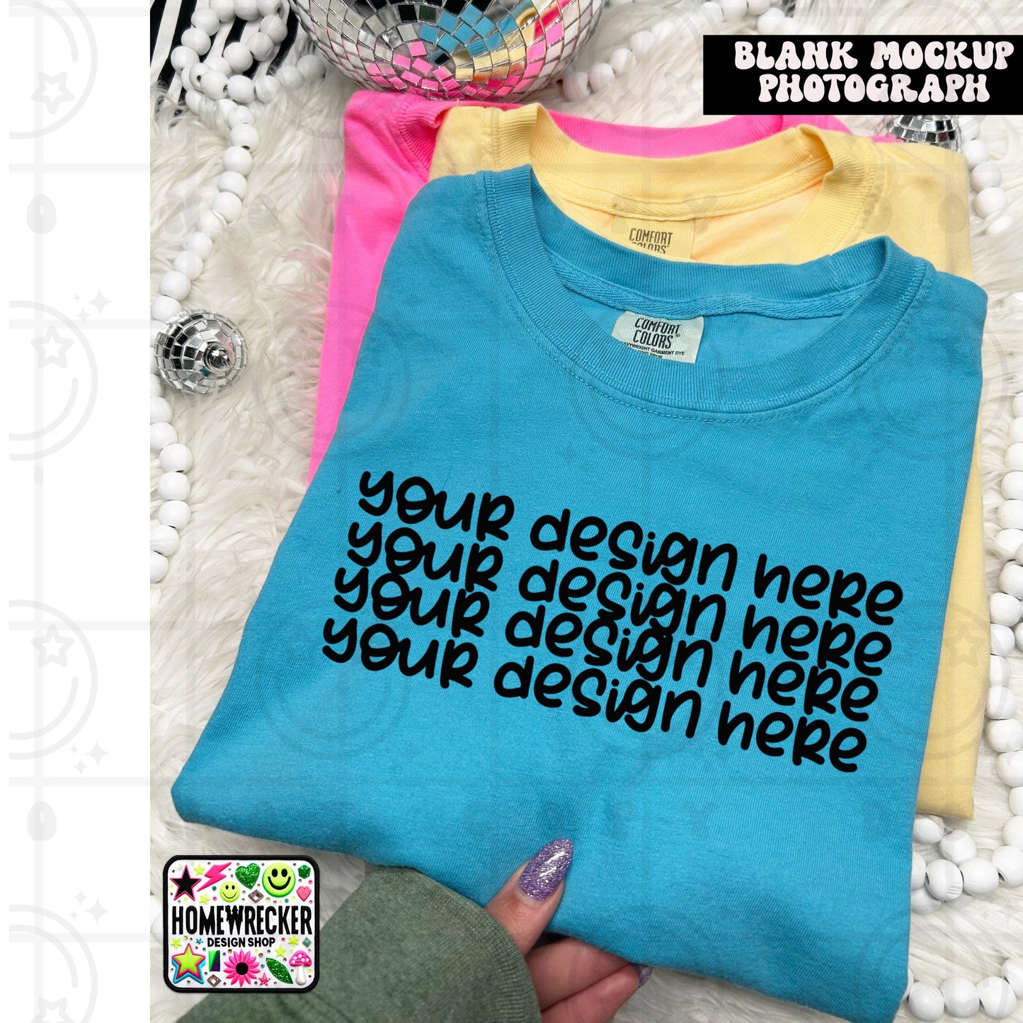 Comfort Colors blank Tshirt Mock Up Photo, Sapphire, CC1717 Tshirt, Styled Flat Lay, Product, disco balls, point of view, Digital Download
