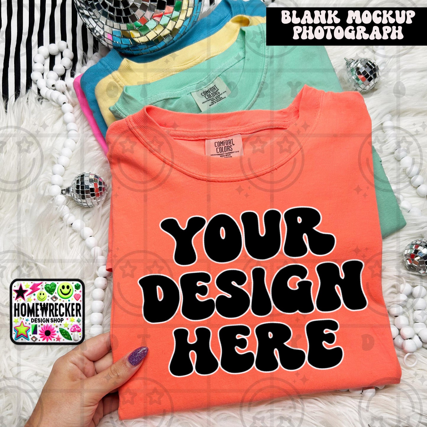 Comfort Colors blank Tshirt Mock Up Photo, Neon red orange, CC1717 Tshirt, Styled Flat Lay, Product, disco balls, Digital Download