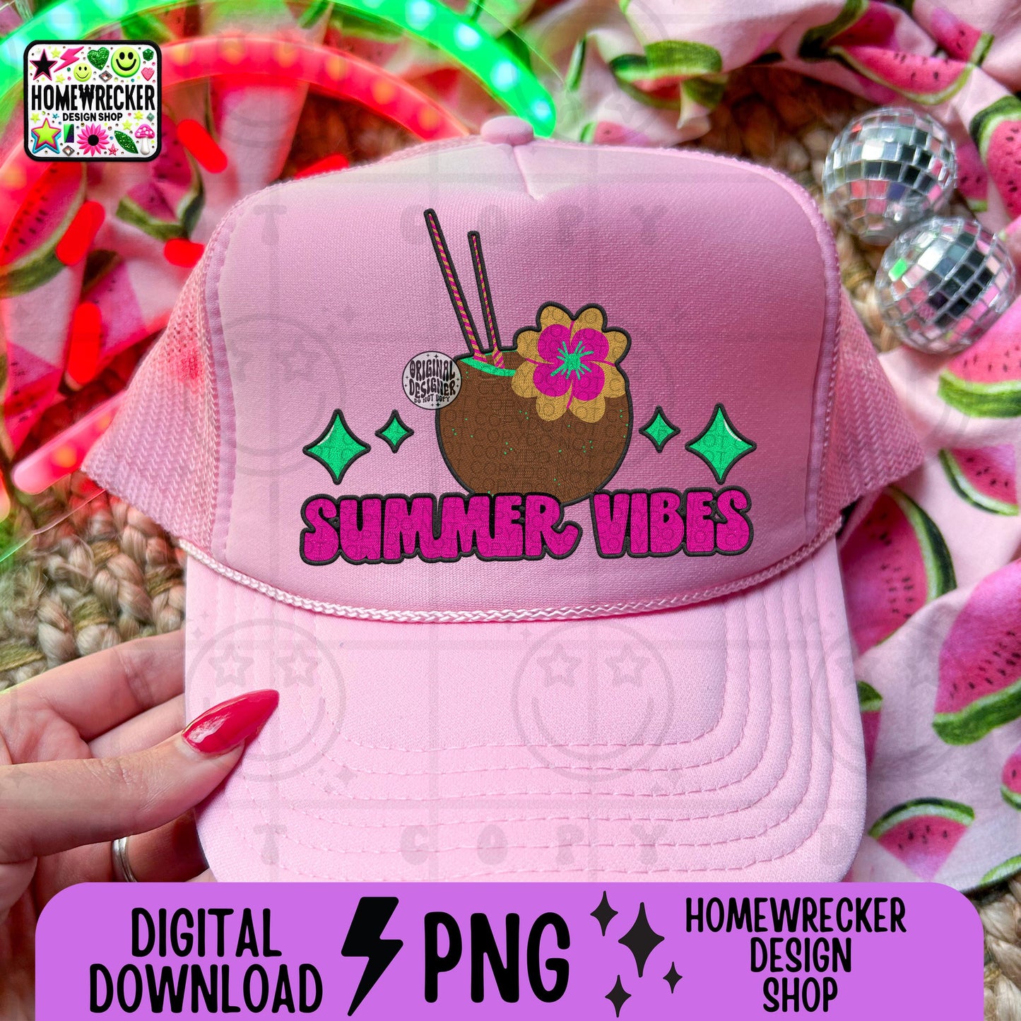 Summer Vibes Faux Embroidery PNG, Coconut beach drink, Summer flowers hot pink hat design tshirt, summer, groovy font, PNG digital download