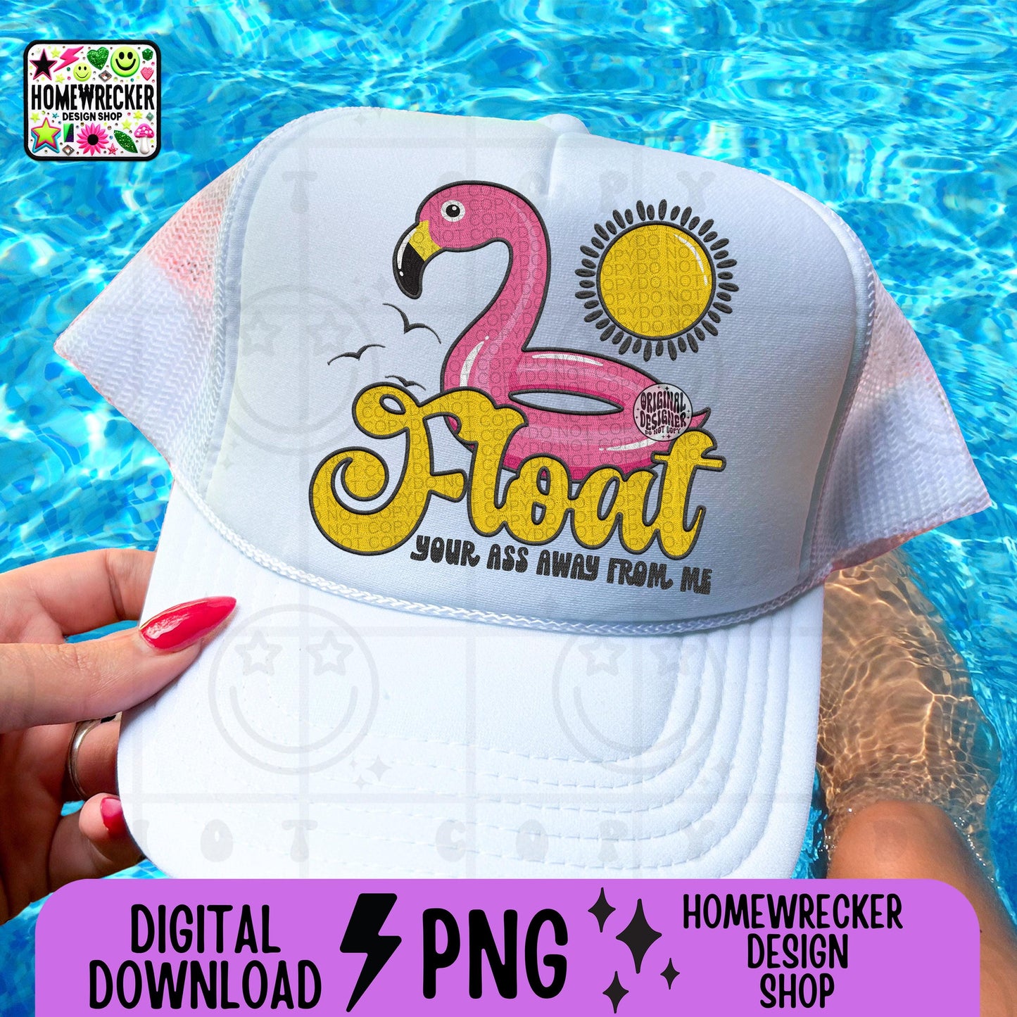 Float away from me Flamingo inflatable pool raft FAUX EMBROIDERY png, Summer hat design tshirt, summer, groovy font, PNG digital download