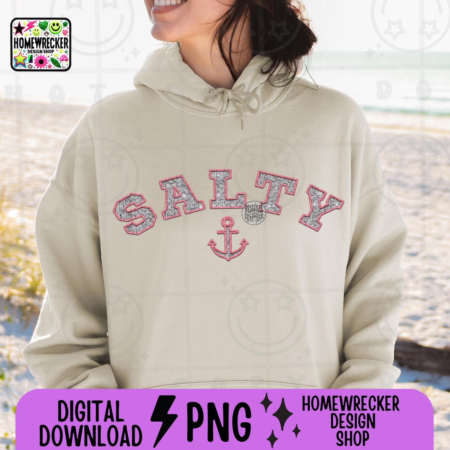 Salty FAUX EMBROIDERY png, Summer hat design tshirt, summer anchor beach ocean lake summertime varsity, preppy,trendy, PNG digital download