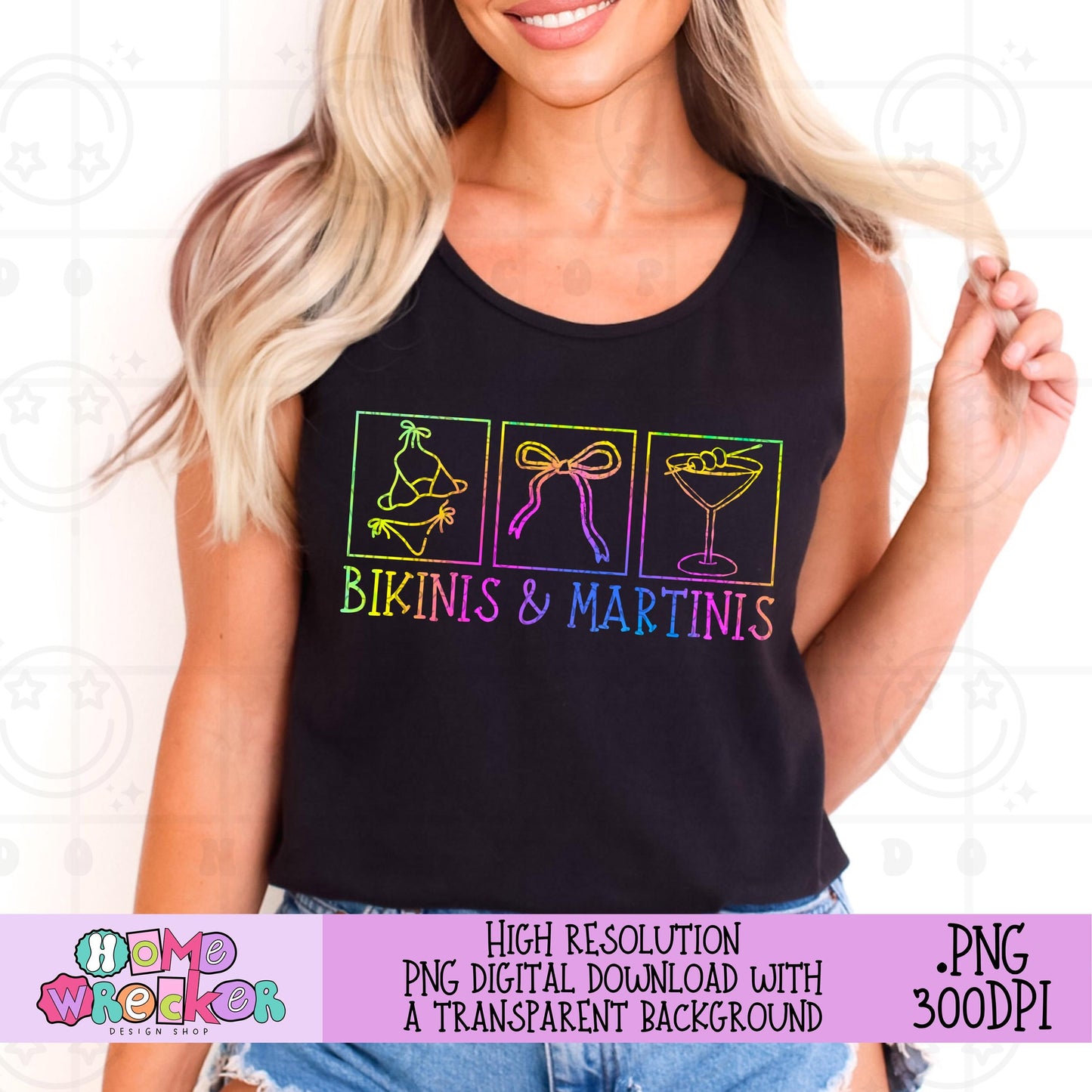 Bikinis and Martinis PNG Rainbow Tie Dye Summer Coquette PNG digital Download