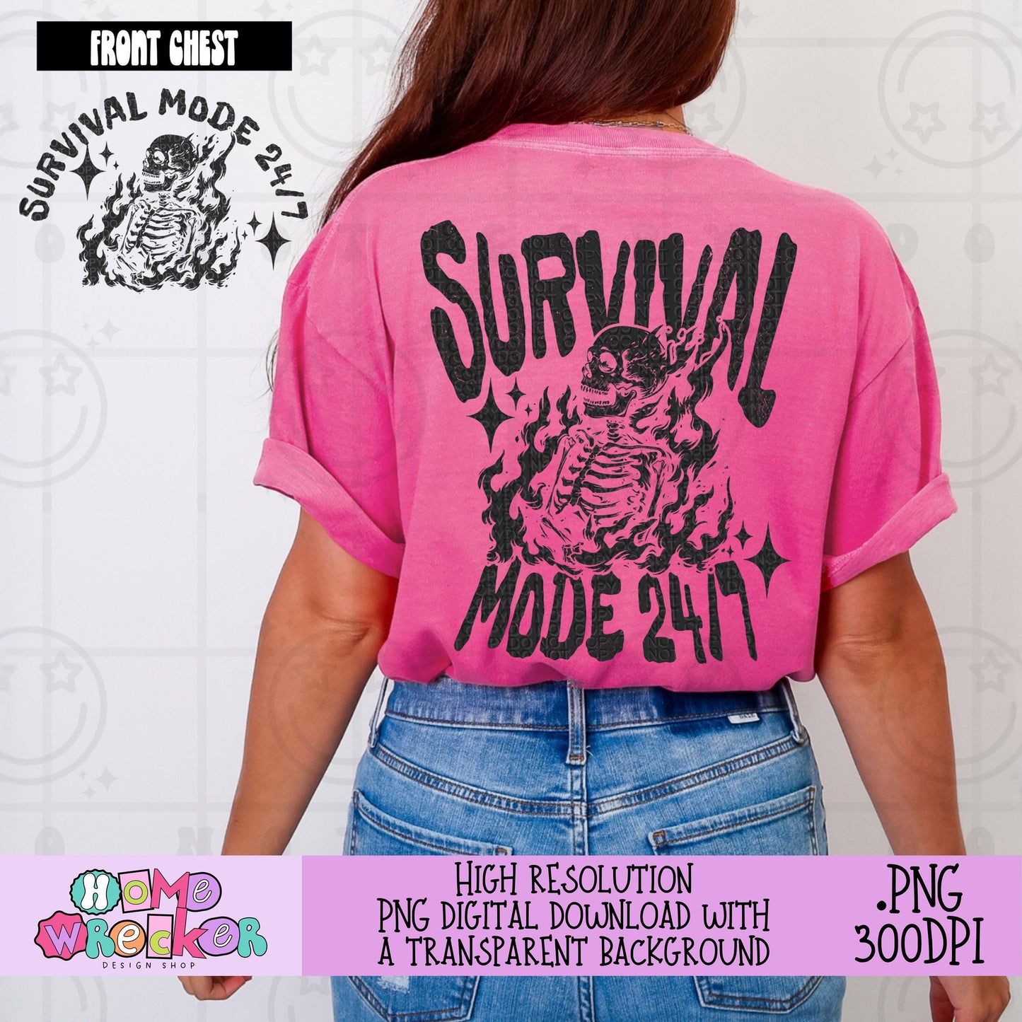 Survival Model 24/7 PNG | Grunge Distressed Alternative Graphic PNG | Vintage Distressed Skeleton Fire Skull PNG | Edgy Shirt Design