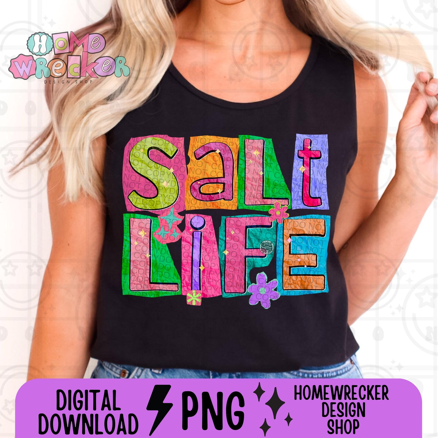 Salt Life, Ocean Colorful Neon pink, green, purple, teal, cut out paper letter style, collage, retro, daisy colorful summer tshirt tank PNG
