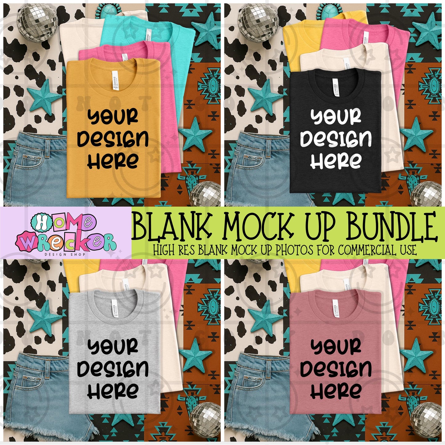 Cowhide Western Themed Stacked Mock up Bundle BC3001 Heather Mock up bundle: Bella & Canvas Blank Tshirt Mock up BUNDLE 50+ colors Download
