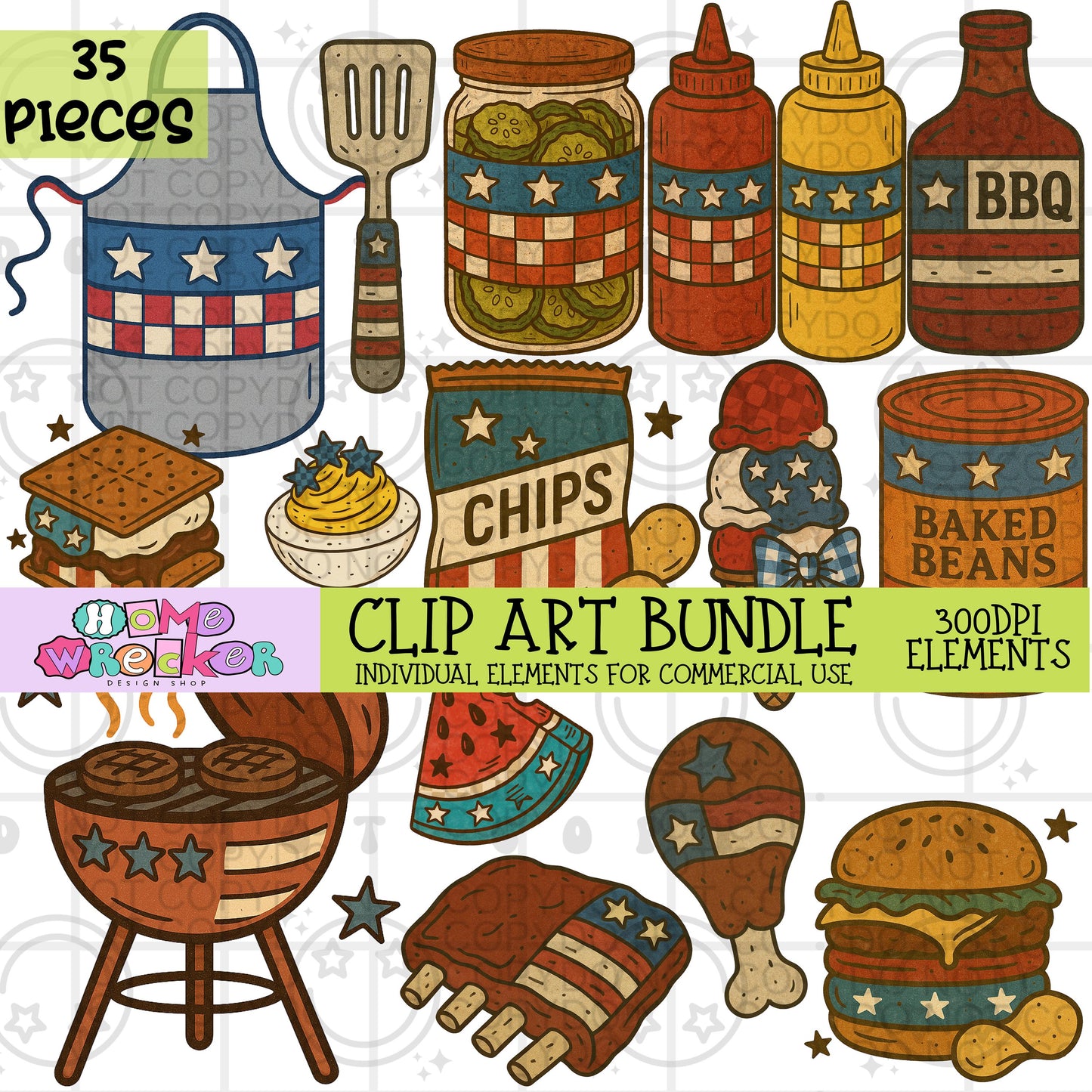 Fourth of July Cook out Vintage Clipart Bundle | 35 elements Transparent PNG for commercial use, make your own digital designs