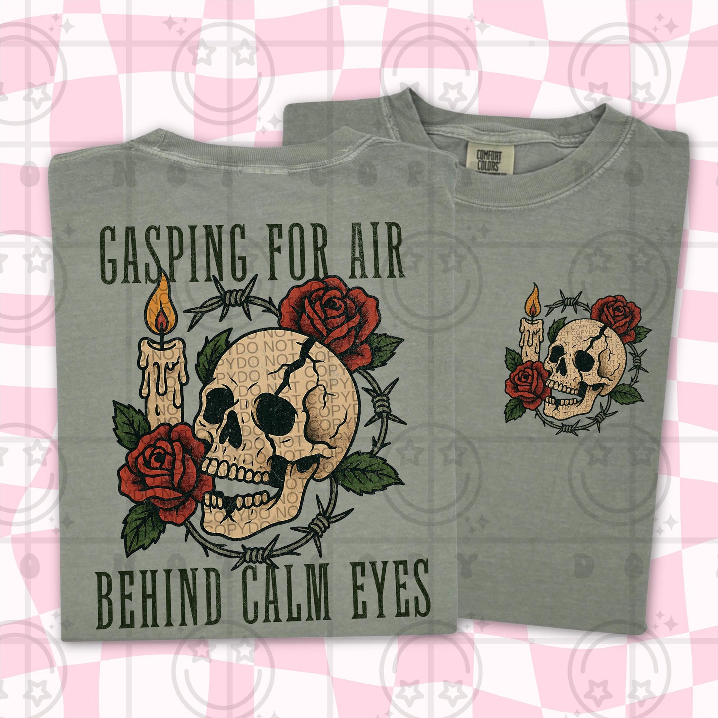 Gasping for air behind calm eyes, rose skull, distressed png, digital download