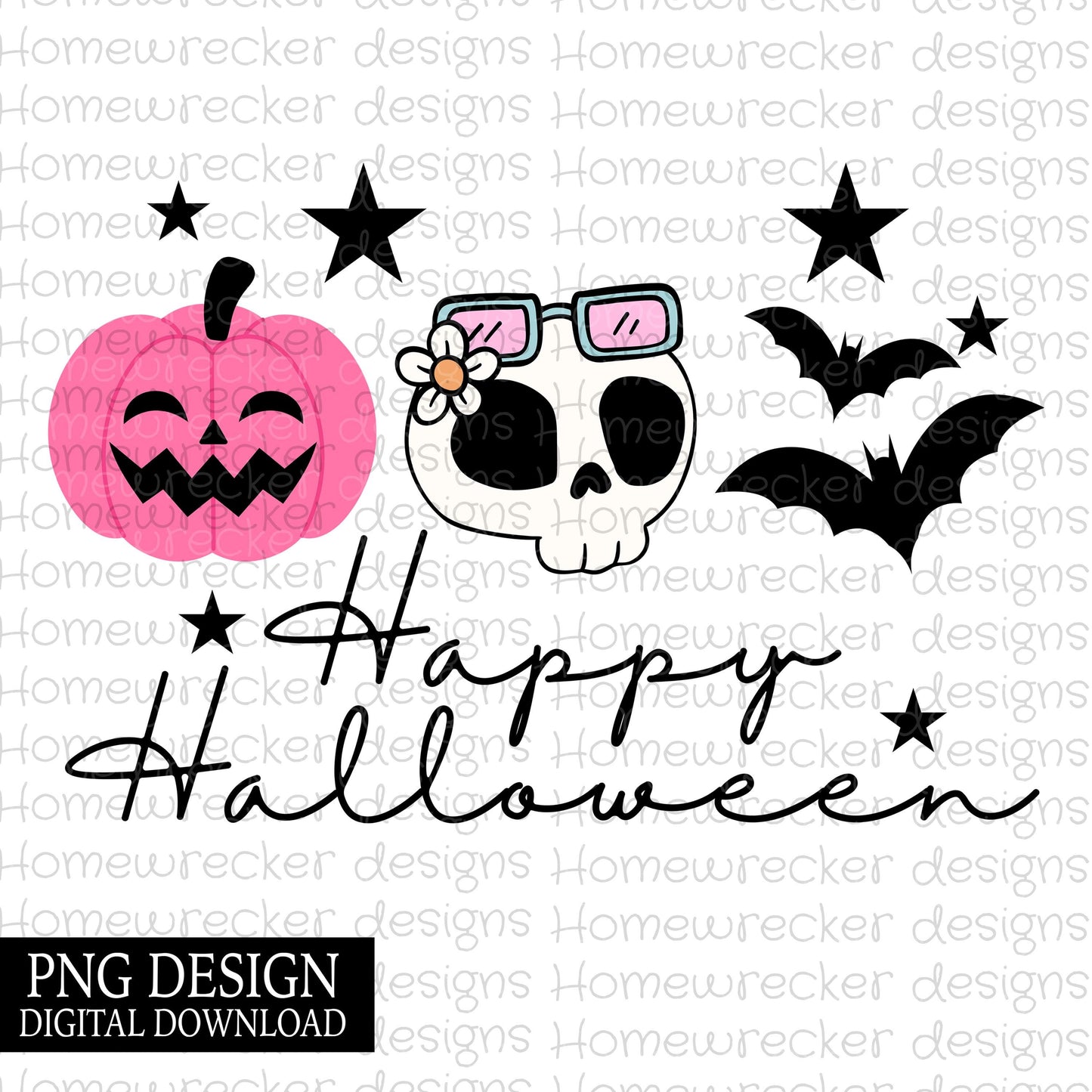 Happy Halloween | PNG Design Digital Download, Fall Design, Halloween, bats, skull, pumpkin, Download