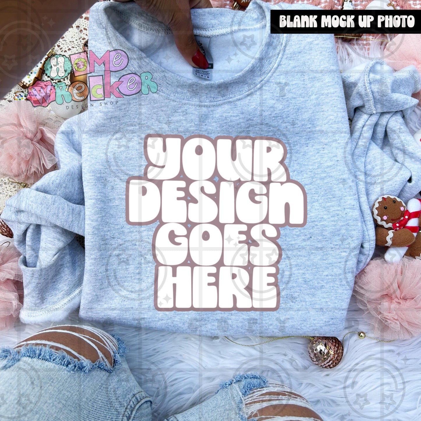 Gildan Sweathirt Crewneck Mockup, G18000, flat lay, Christmas, Gingerbread Cookie, Pink Download | Ash