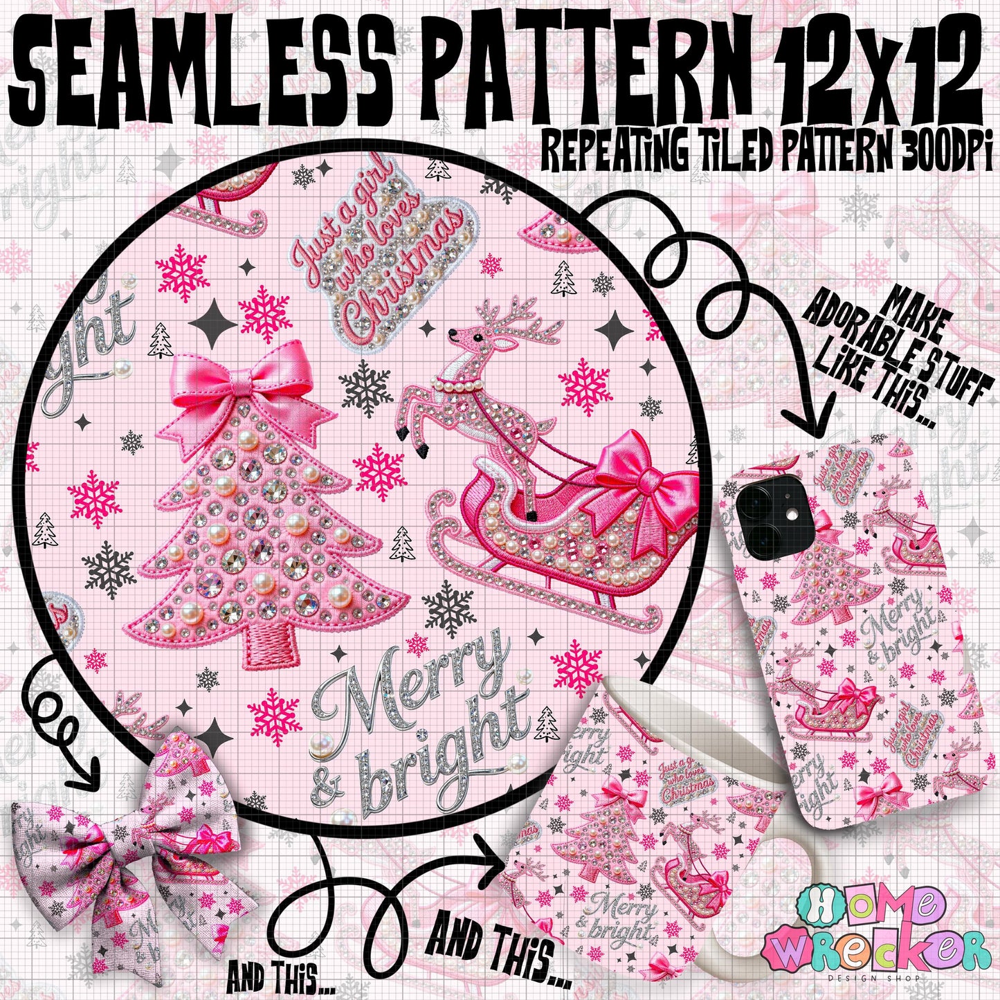 Christmas pink blingy faux rhinestone faux embroidery repeating pattern 12x12 digital download