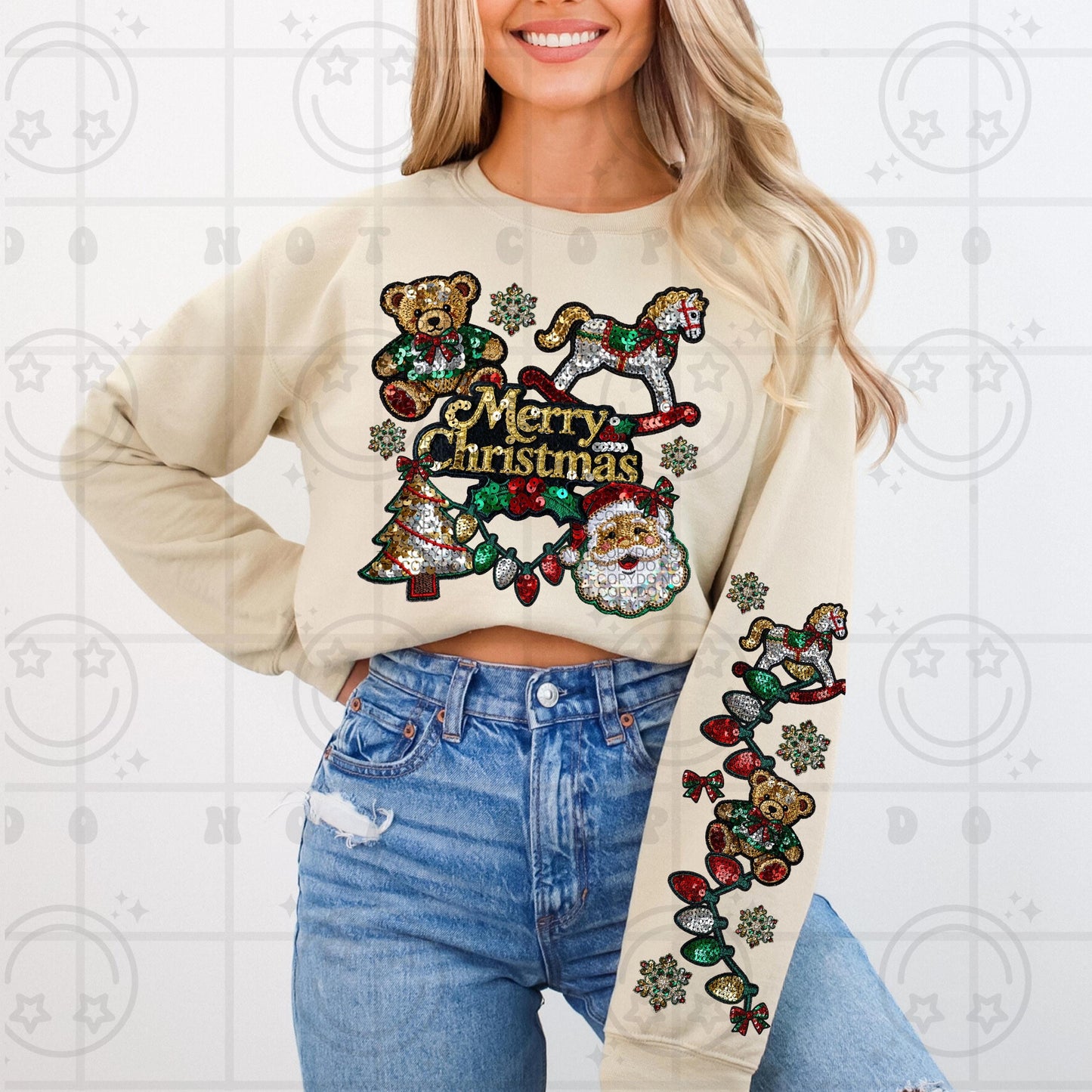 Merry Christmas Vintage Christmas Toys Teddy Bear Rocking Horse Faux Sequin Digital Design with matching Sleeve PNG Download