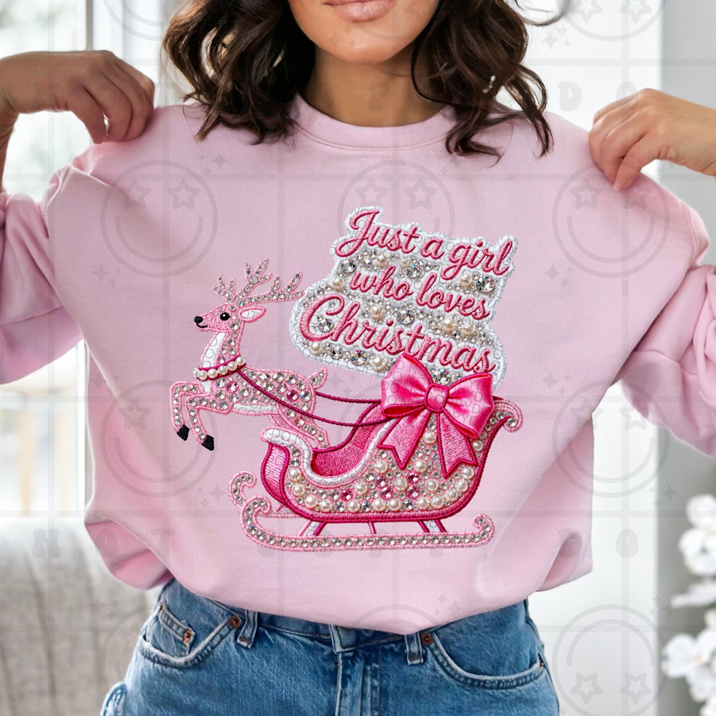 Just a girl who loves christmas faux rhinestone faux pearls PNG Christmas digital download