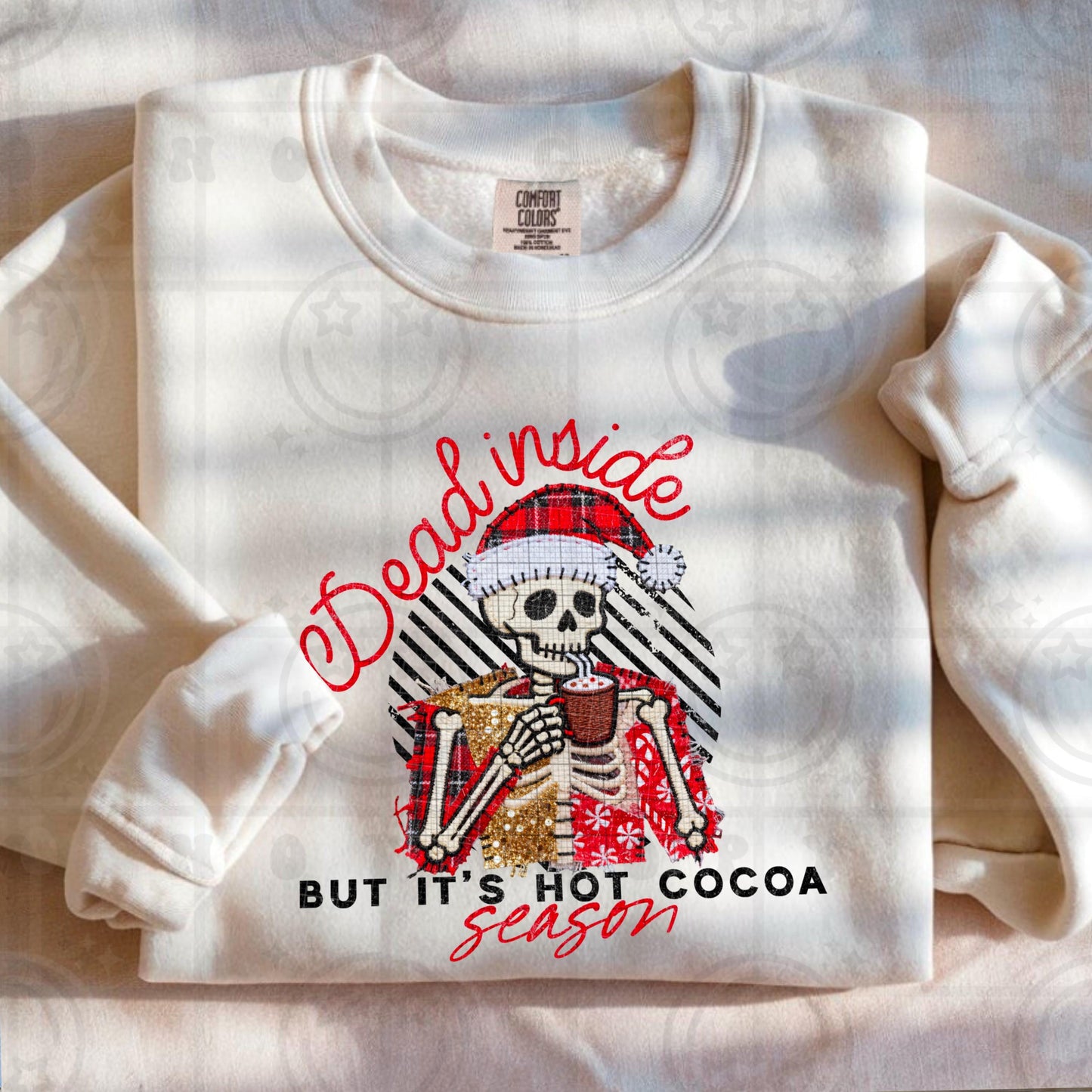 Dead inside but its hot cocoa season, faux embroidery quilted patchwork, peppermint, winter design, christmas PNG digital download