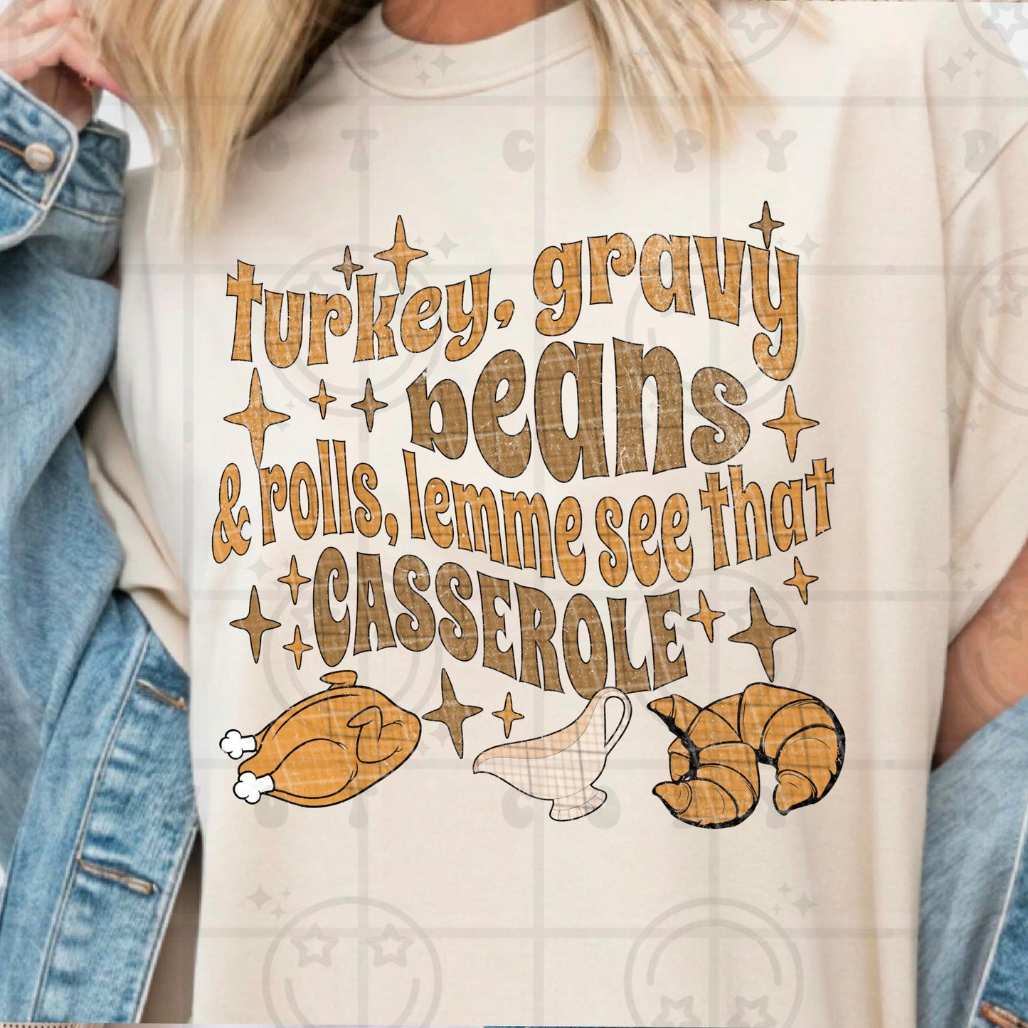 Turkey Gravy Beans and Rolls Let me see that Casserole Wavy Distressed Thanksgiving Holiday PNG Download