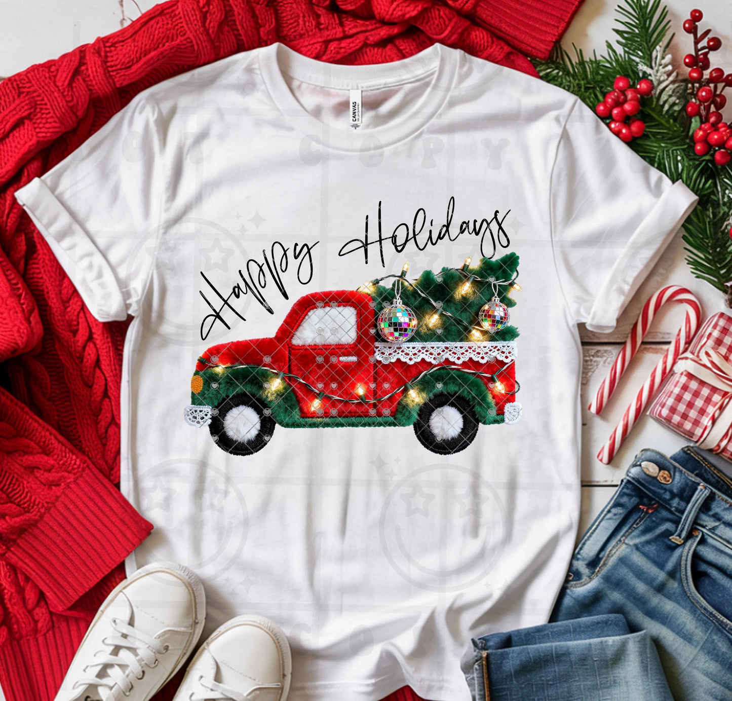 Happy Holidays Faux Fur Faux Lights Red Christmas Pick up Truck with Tree in the back, Happy Holidays, PNG digital download
