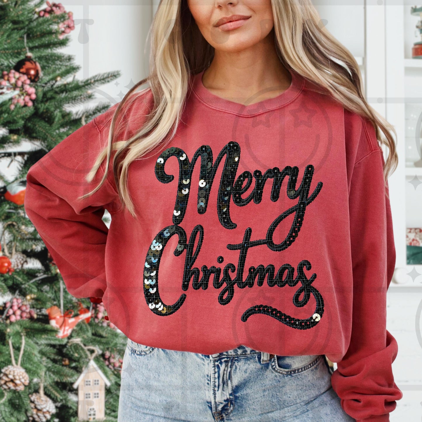 Merry Christmas PNG, faux embroidery sequin digital, Holiday design, tshirt design