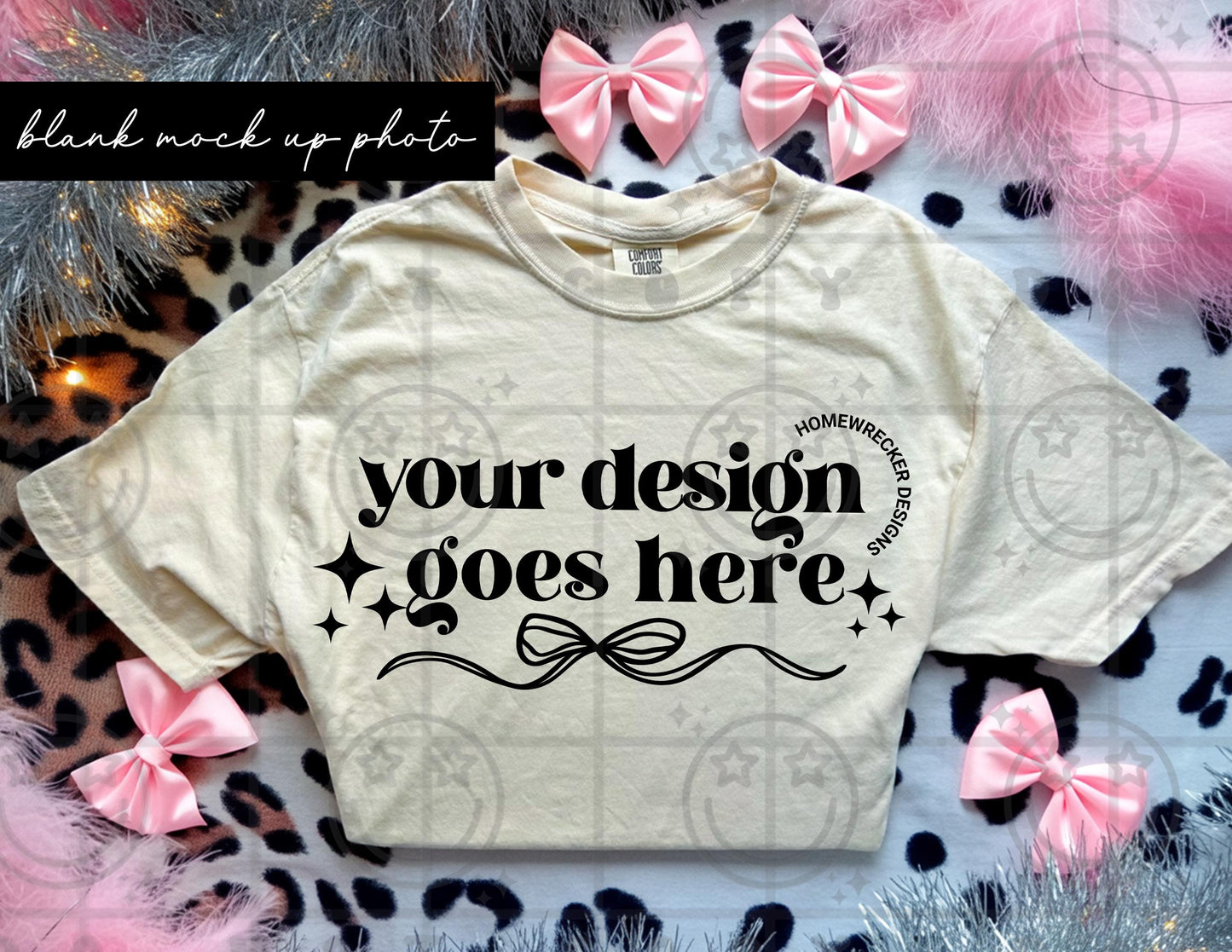 Girly tshirt mock up photograph trendy product listing photo folded ivory t-shirt leopard print dalmatian pink feather digital download