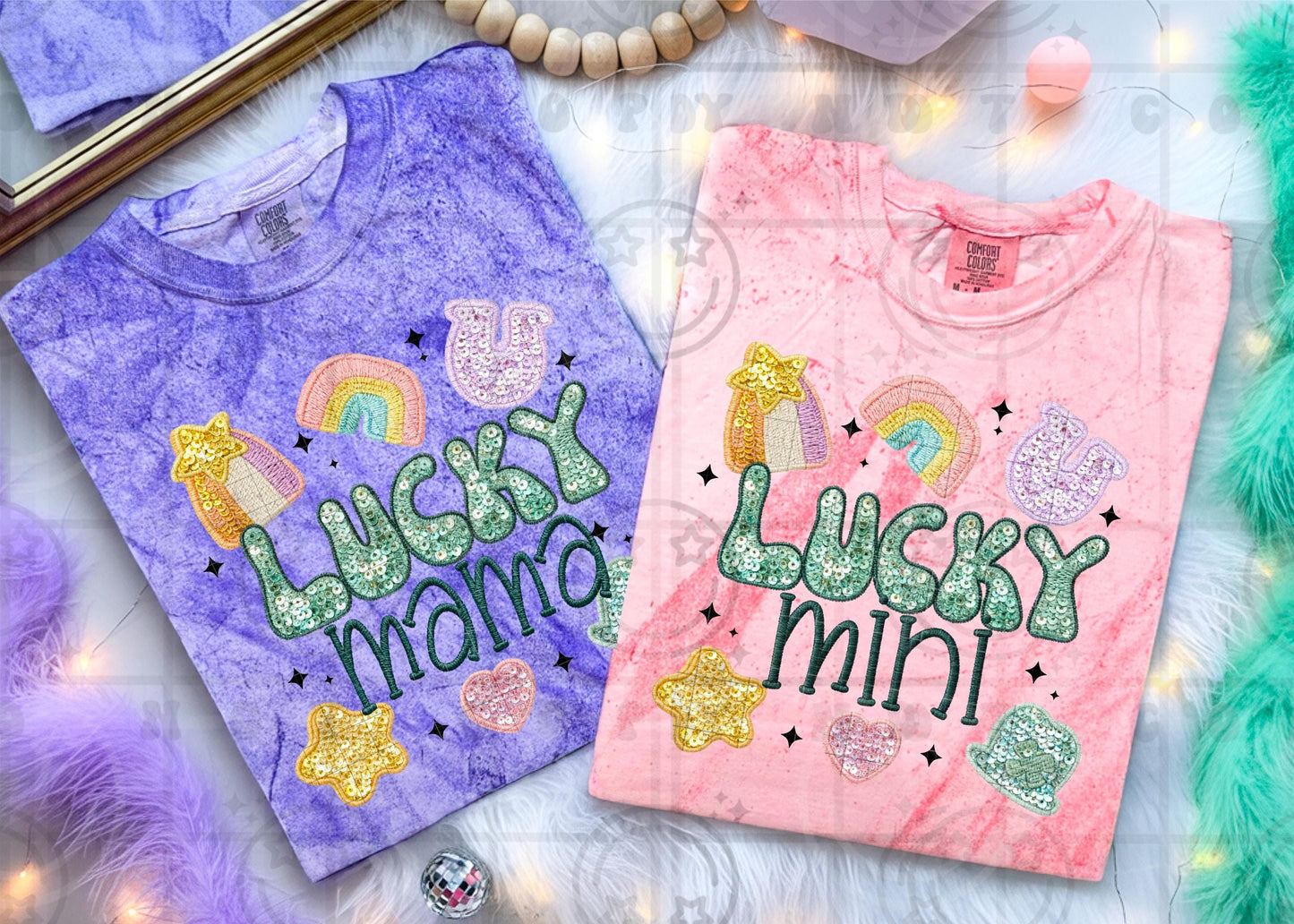 mama mini matching pastel st patricks day faux embroidery faux sequin design PNG digital download