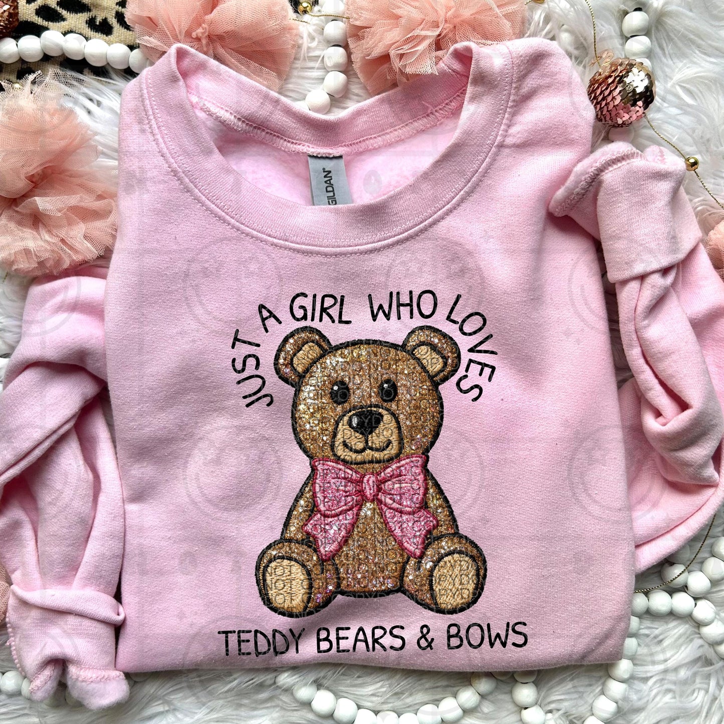 just a girl who loves bows and teddy bears faux glitter embroidered patch PNG digital design, download