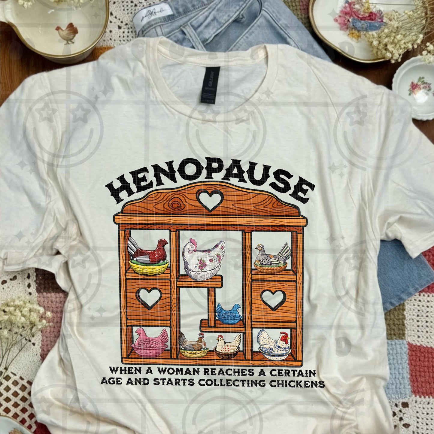 Henopause Vintage Farmhouse Wooden Heart Wall Cubby Shelf Vintage Dishes PNG digital download