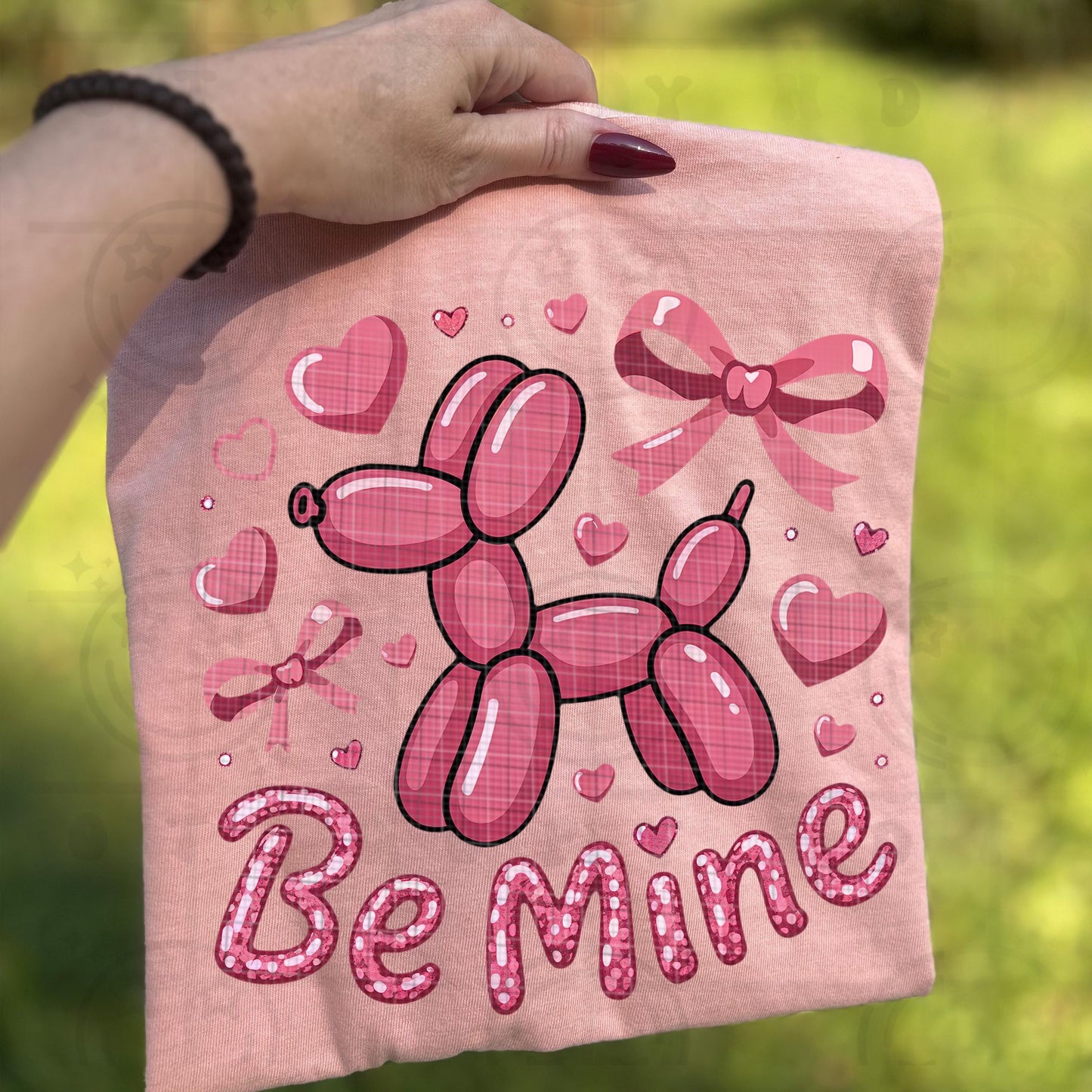 pink balloon dog valentine png with hearts bows and be mine lettering in cute retro coquette love aesthetic style