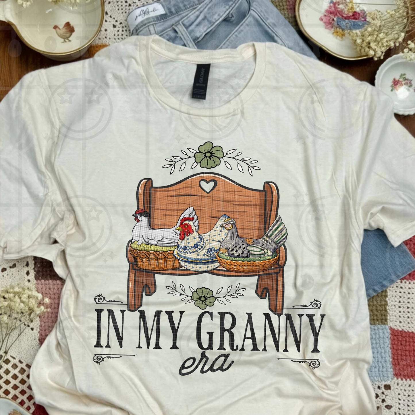 In my Granny Era chickens Vintage Farmhouse Wooden Heart Bench Shelf Vintage Dishes PNG digital download