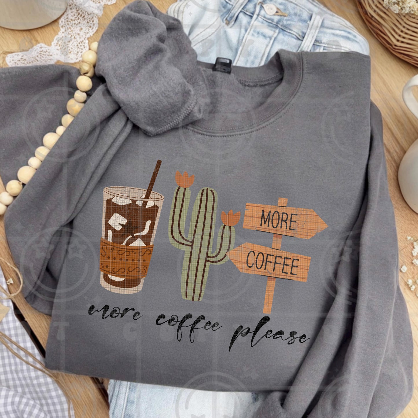 more coffee please png with iced coffee cactus and wooden sign in boho western farmhouse coffee aesthetic design