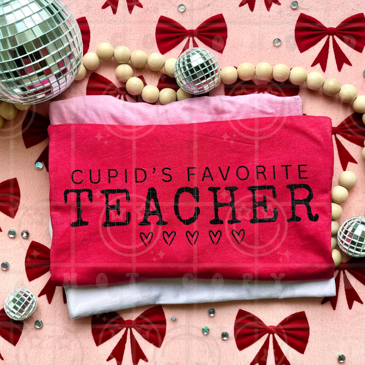 Retro distressed Valentine teacher design reading Cupids Favorite Teacher with bold black vintage typography heart accents and a red textured background