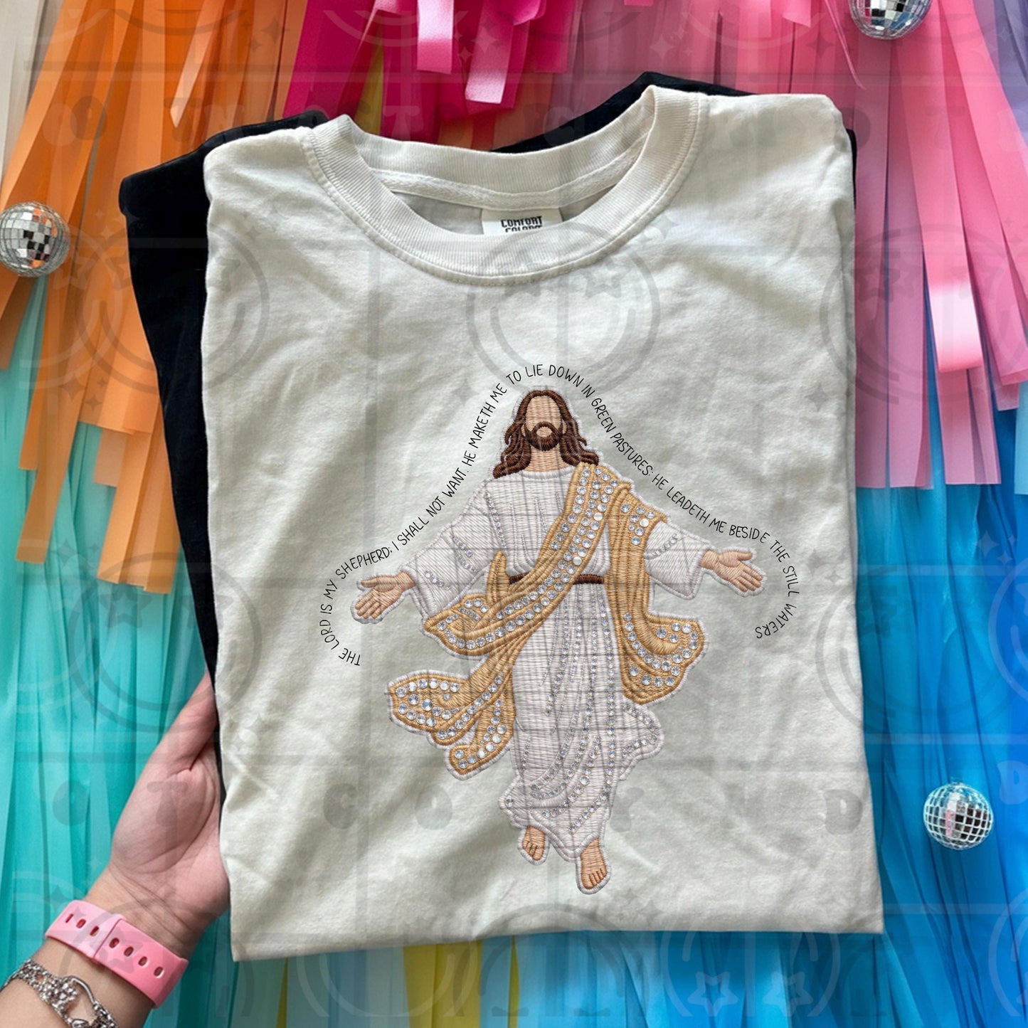 The Lord Is My Shepherd Christian design featuring Jesus with flowing robes and scripture text in faux embroidery faux applique vintage faith style