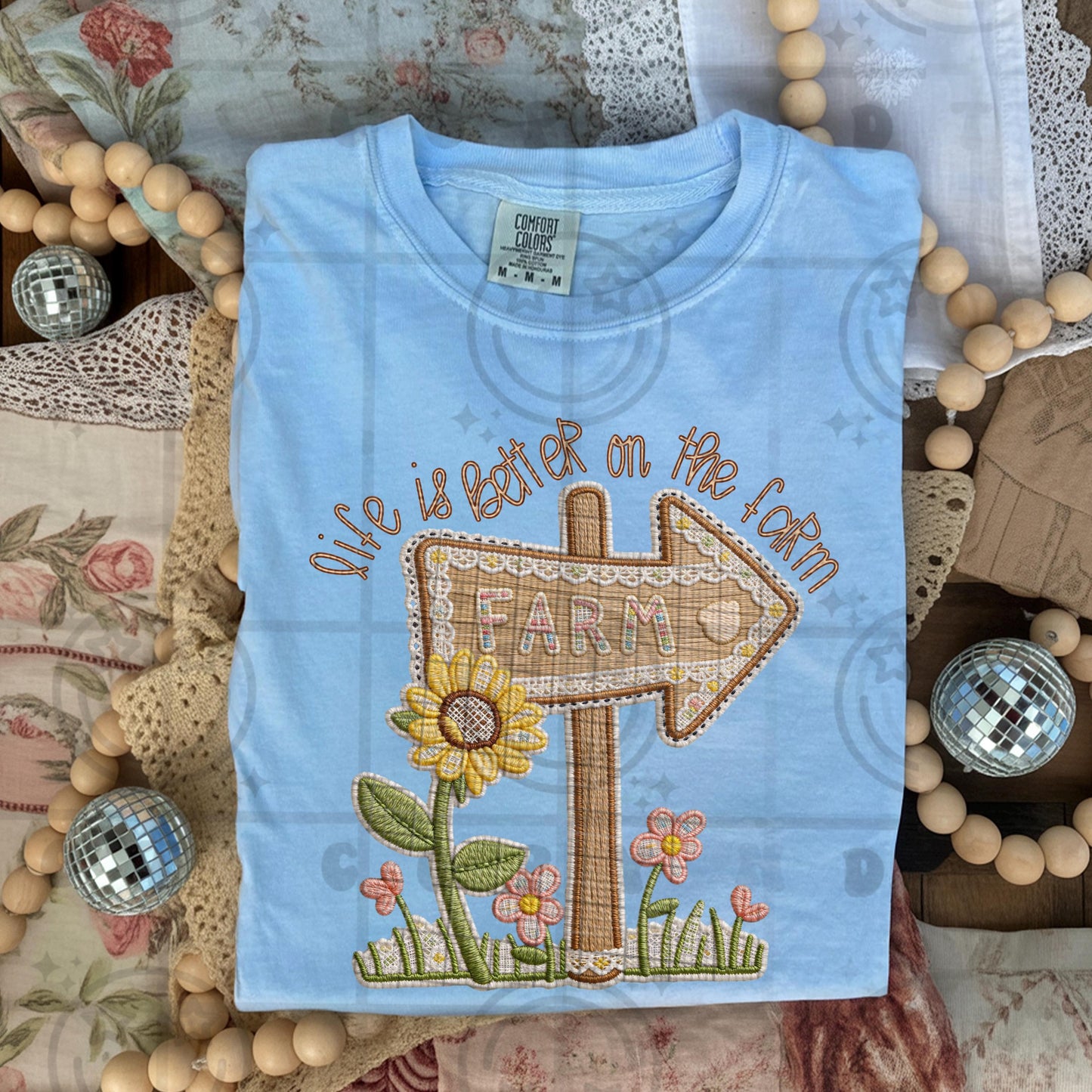Life Is Better On The Farm faux embroidery style design with floral farm sign arrow sunflowers and cottagecore farmhouse details