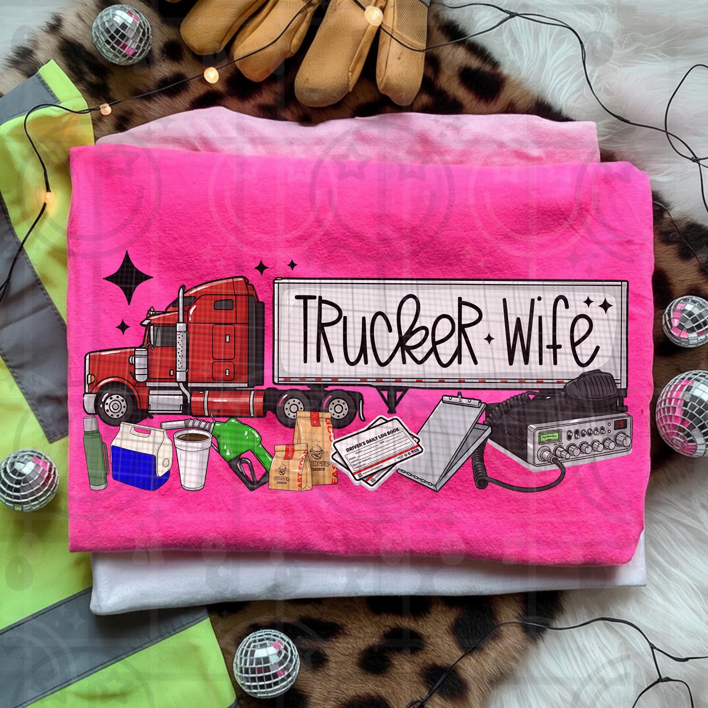 Trucker wife design with red semi truck trailer cooler coffee log book clipboard and CB radio on pink background