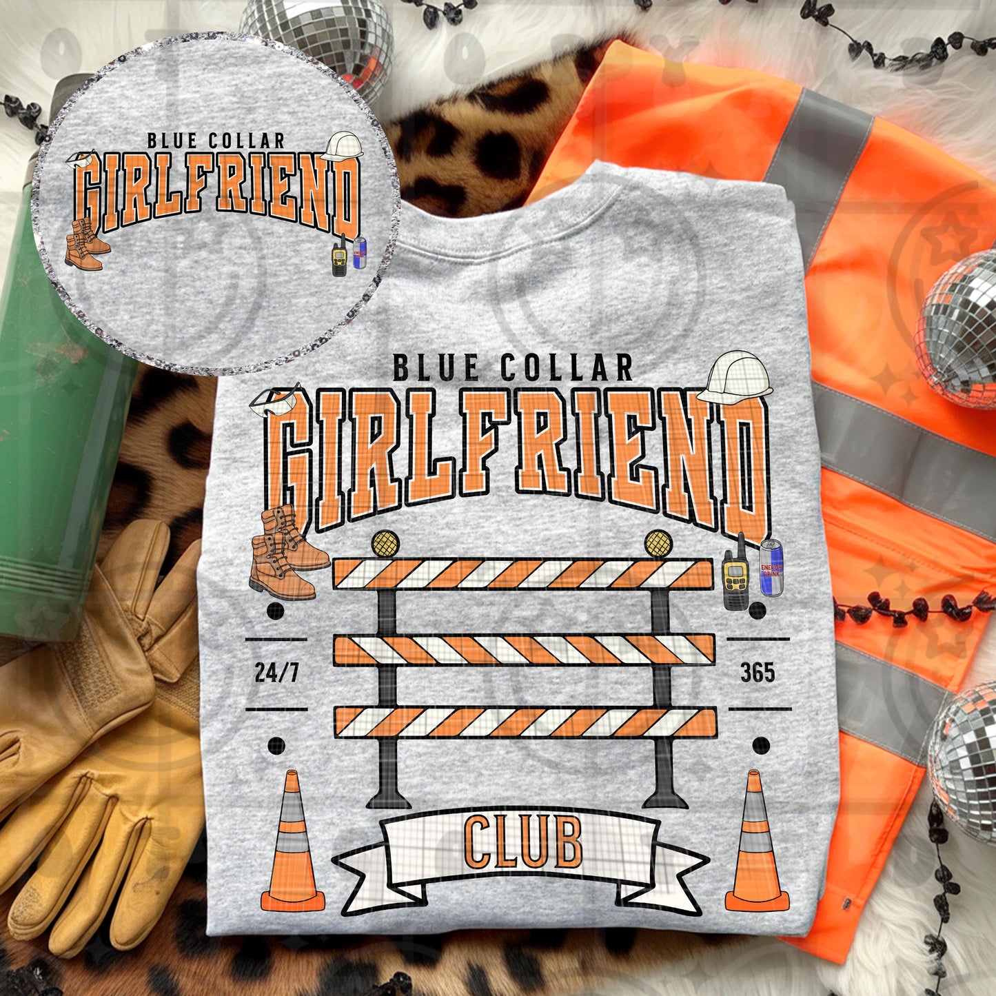 Blue collar girlfriend design with orange plaid varsity lettering construction icons work boots hard hat walkie talkie energy drink barricade and traffic cones on gray background