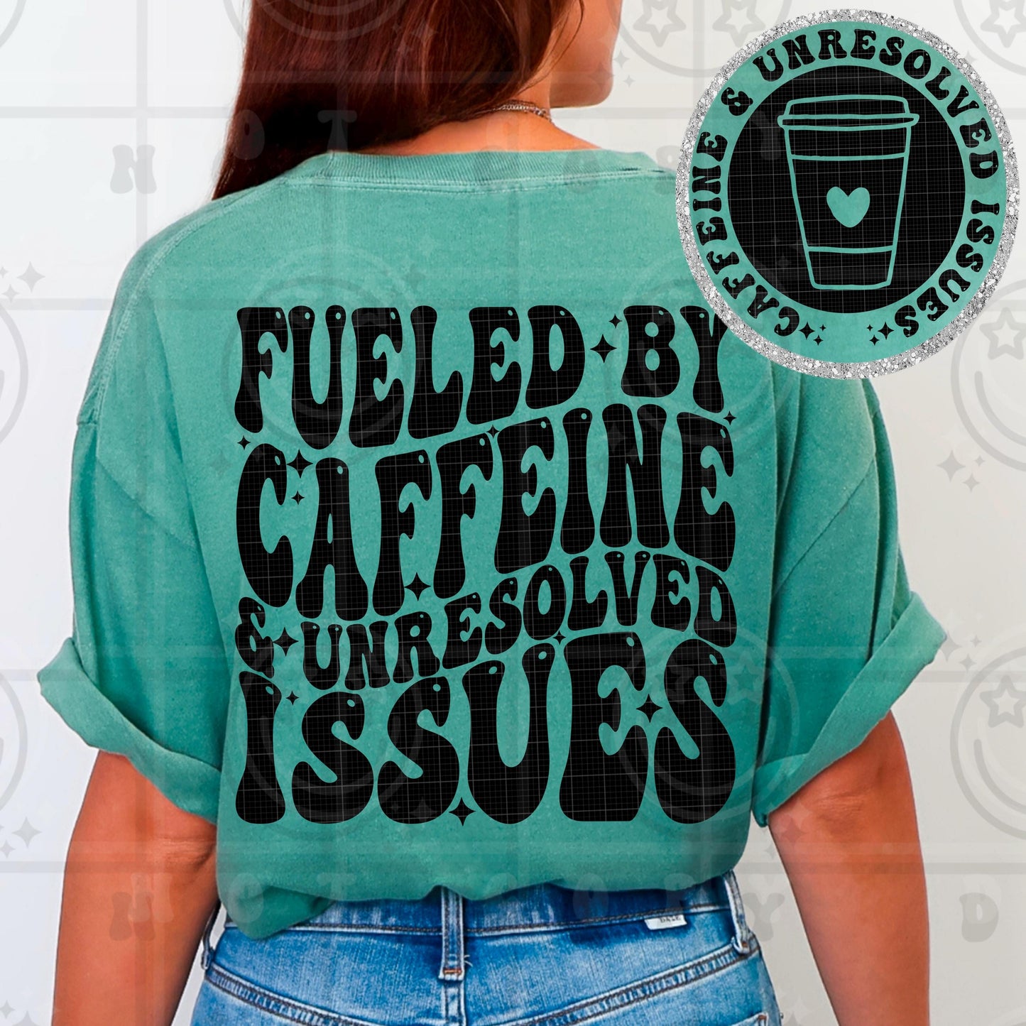 fueled by caffeine and unresolved issues PNG digital download, wavy words design with matching pocket