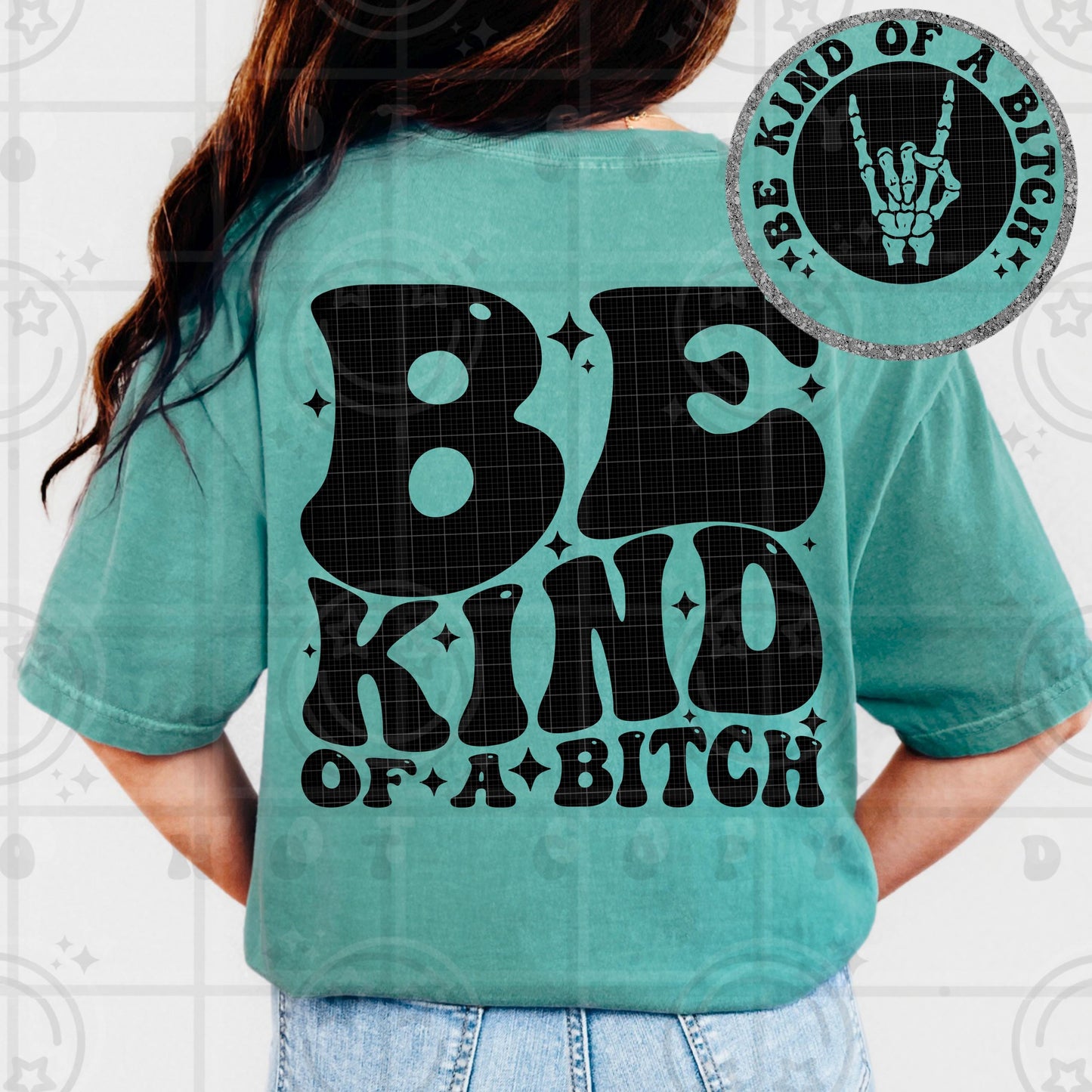 Be kind PNG digital download, wavy words design with matching pocket, front and back shirt design retro groovy