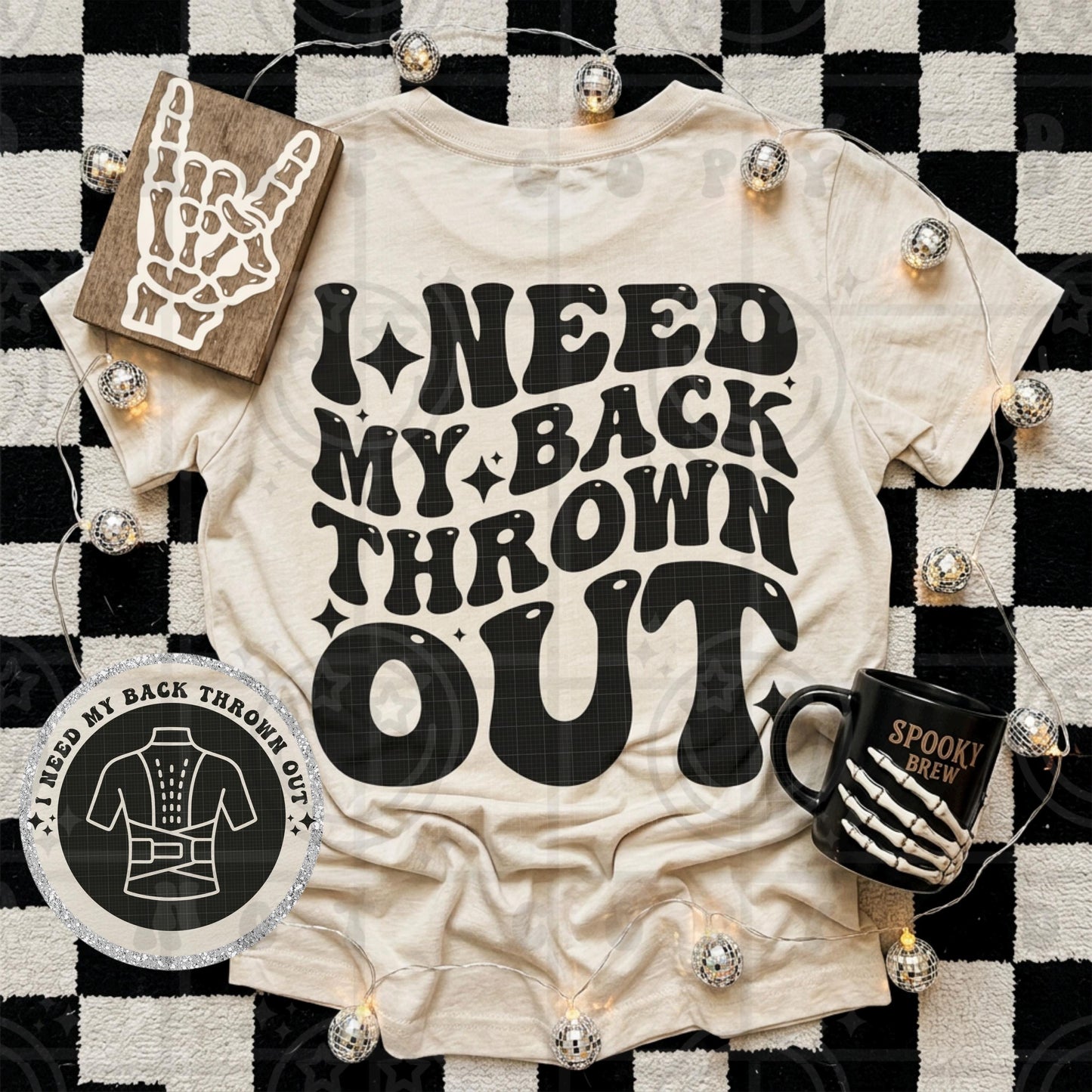 I need my back thrown out wavy words design with matching pocket, front and back shirt design, wavy retro groovy PNG digital download