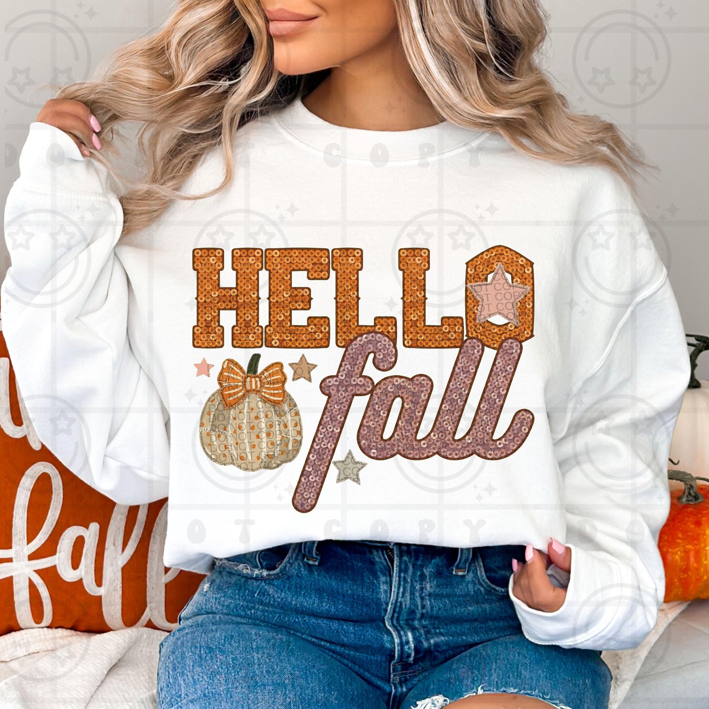 Hello fall png, pumpkin png, faux patchwork, faux sequin, faux embroidery, PNG digital download