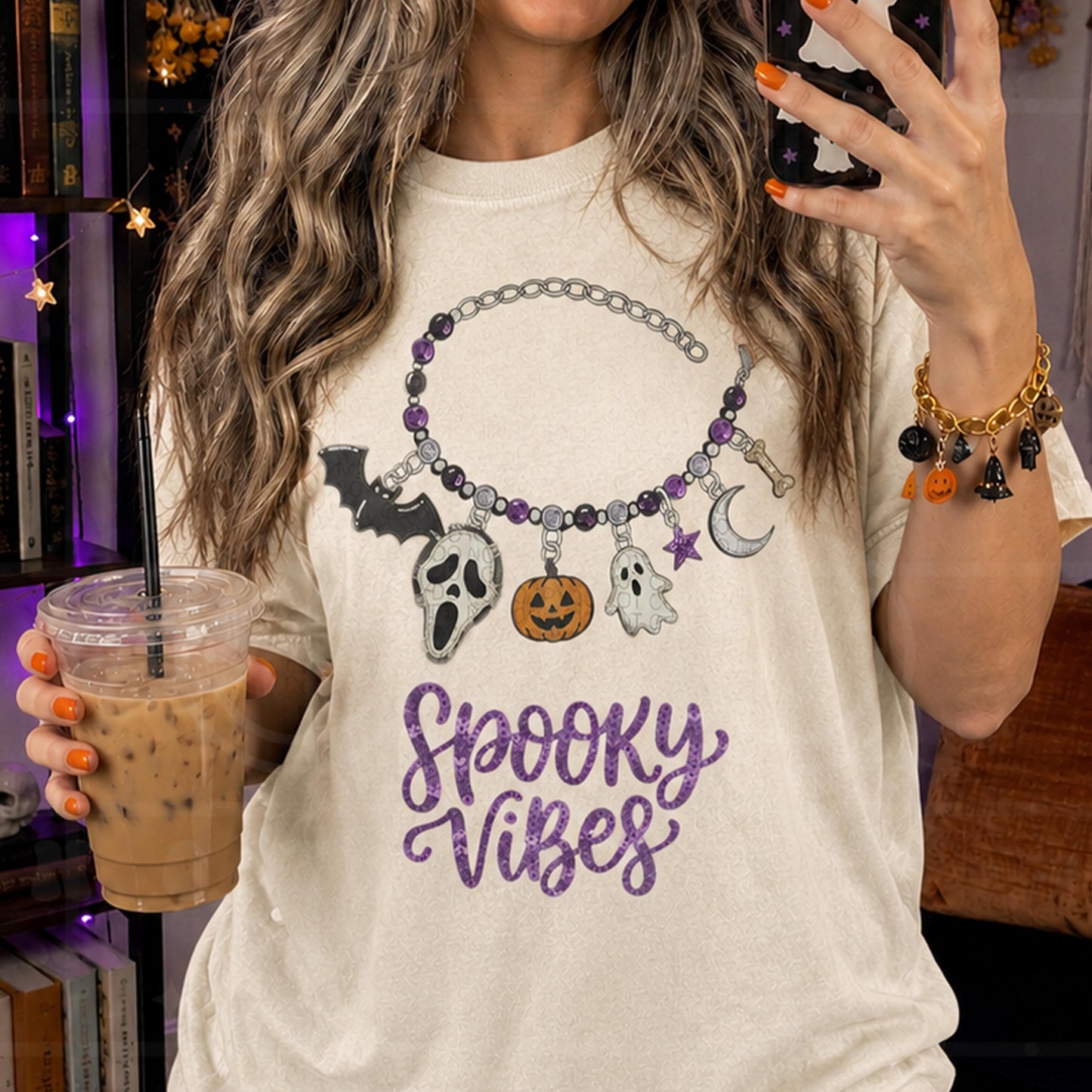 spooky vibes charm bracelet halloween faux embroidery faux sequin PNG digital download
