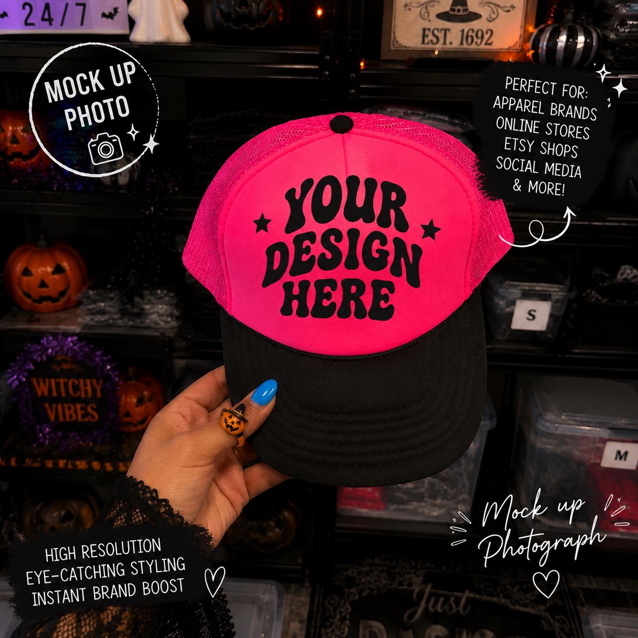 otto trucker hat neon pink and black halloween spooky season blank mock up photograph digital download
