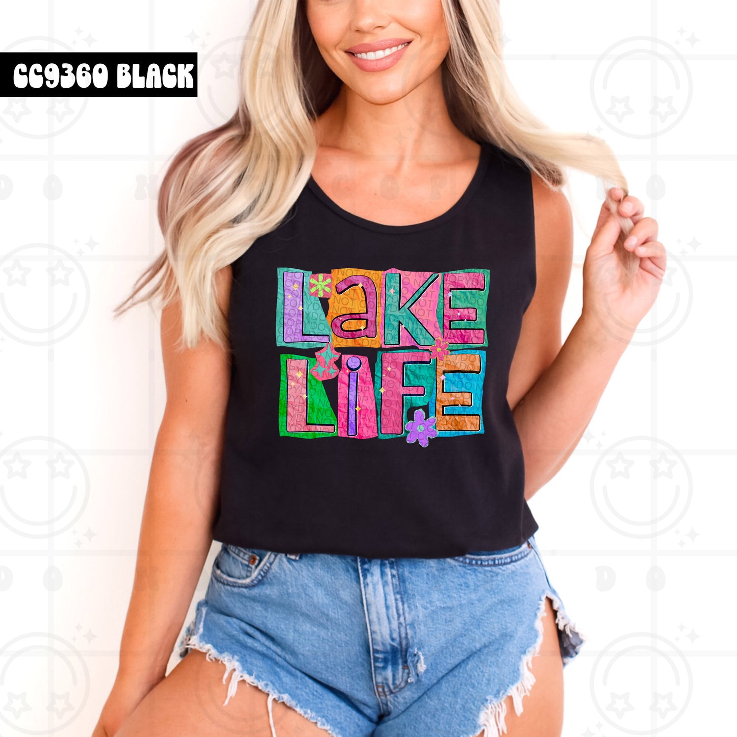 Lake Life, Colorful Neon pink, green, purple, teal, cut out paper letter style, collage, retro, daisy colorful summer tshirt tank top PNG