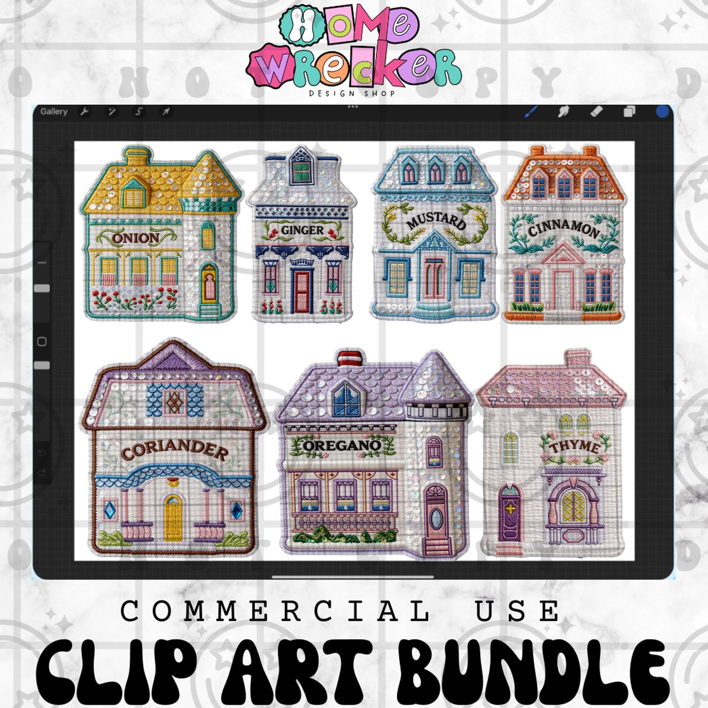 Spice Village Faux Applique Clipart Bundle | Sequin & Faux Embroidery PNG | Commercial Use Digital Designs