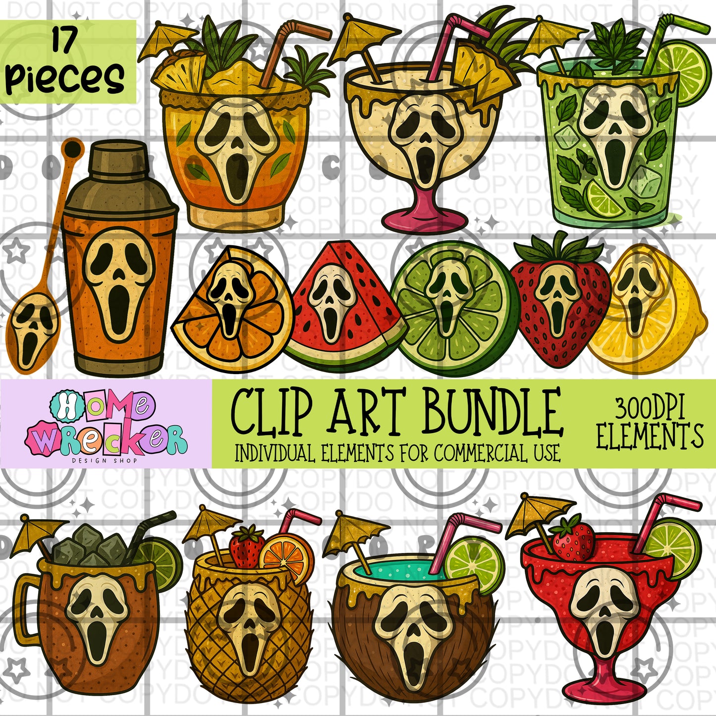 Ghost F@CE Summer Drink Clipart Bundle | 17 elements Transparent PNG for commercial use, make your own digital designs