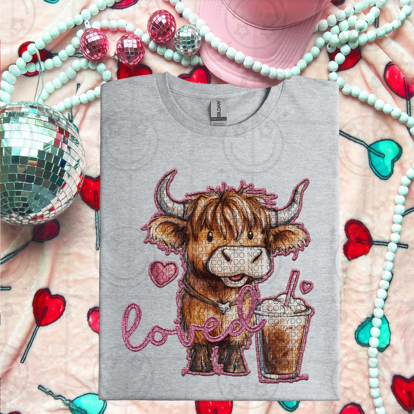 Loved Highland Cow Faux Embroidery PNG
