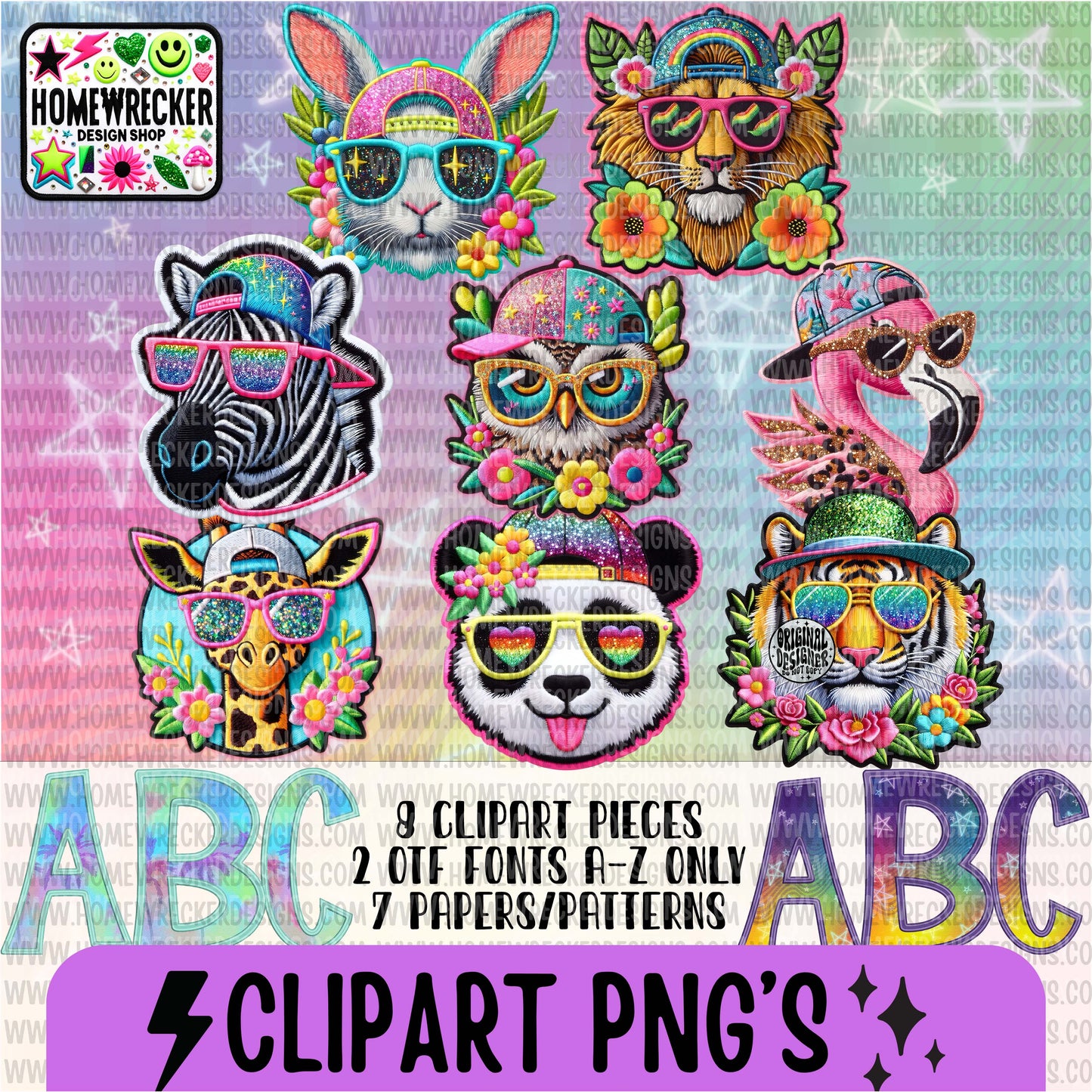 Faux Embroidery Neon Springy Clipart 8 piece clip art elements + 2 otf fonts BUNDLE